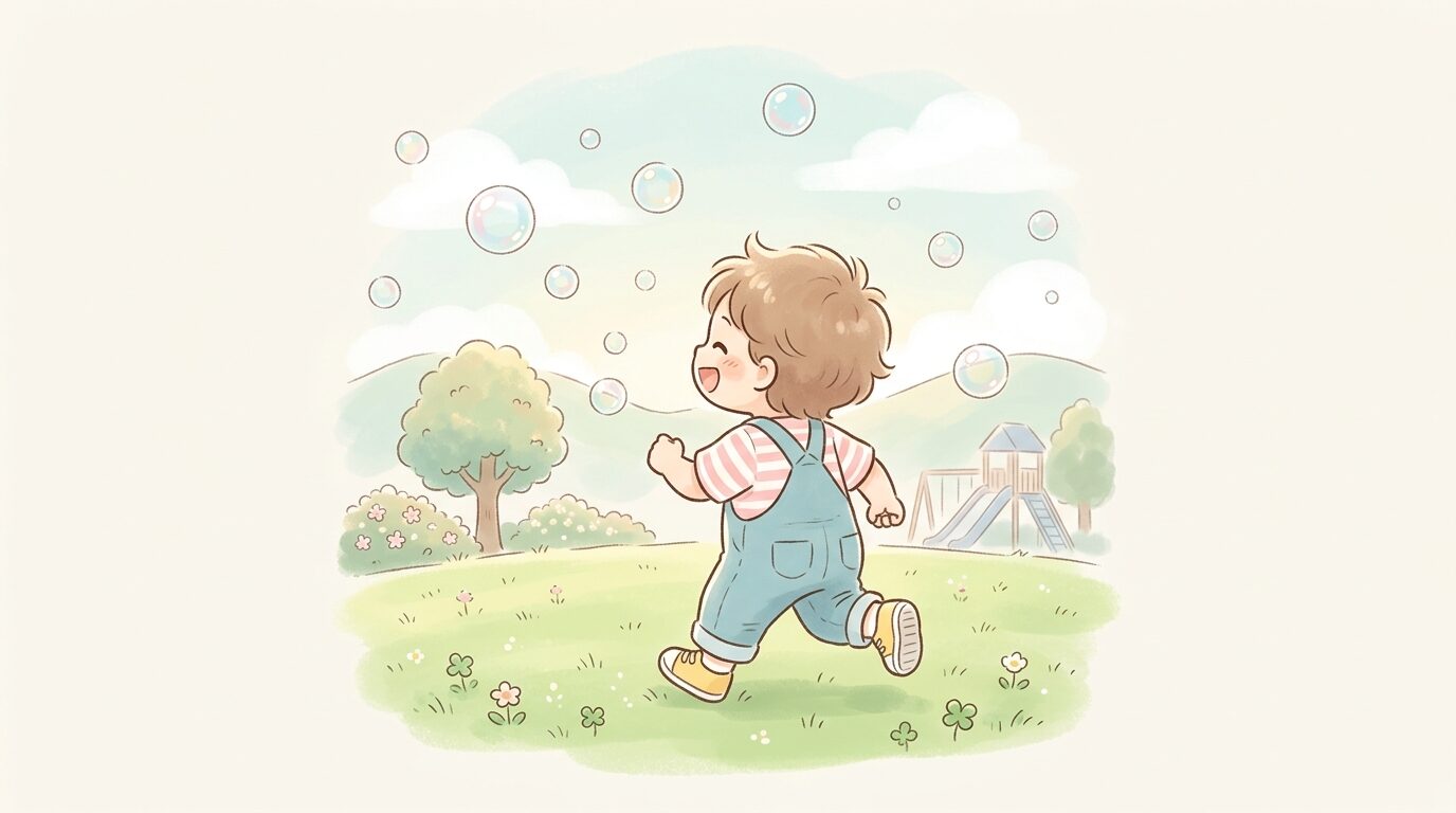 公園の芝生の上で笑いながらシャボン玉を追いかける3歳くらいの子どもの後ろ姿