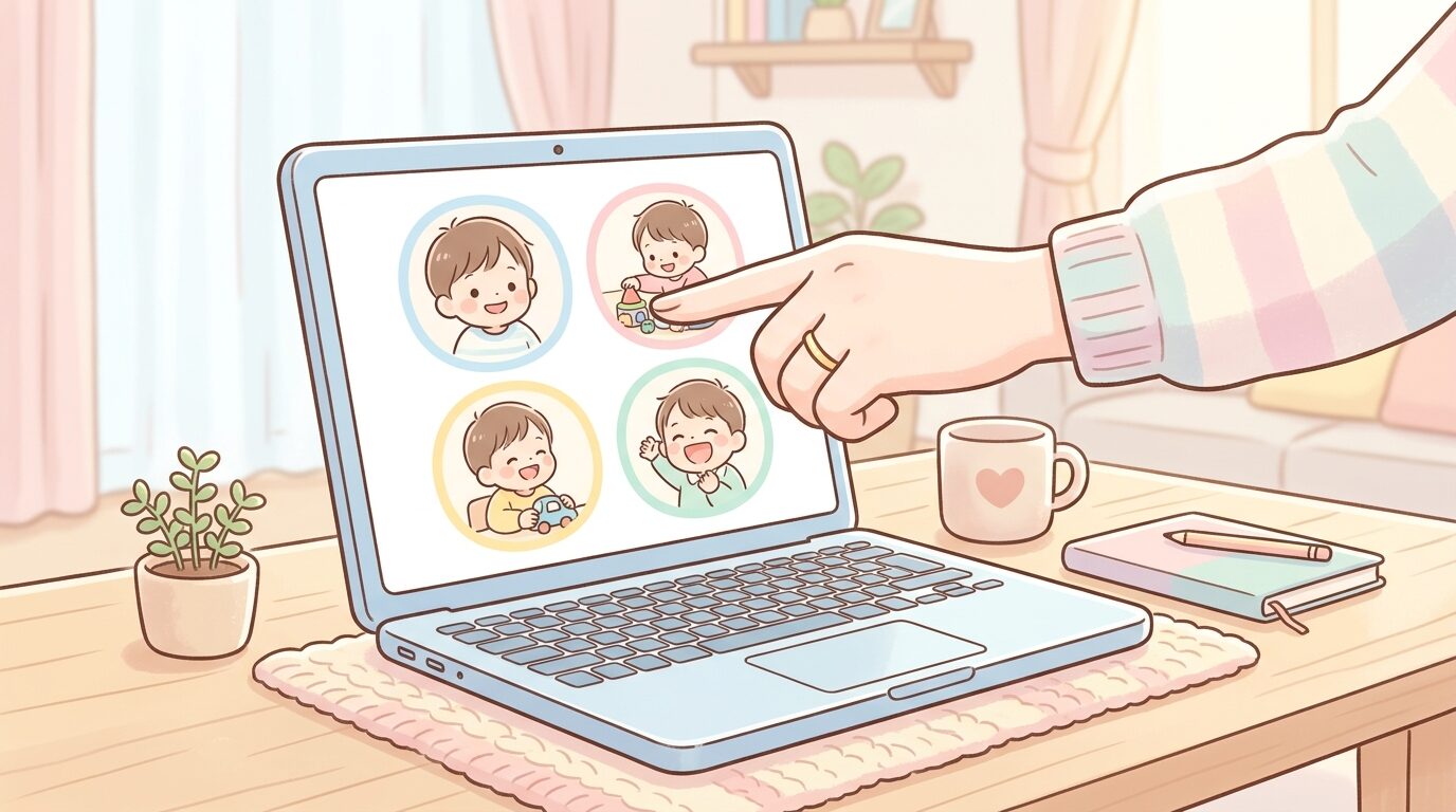 ノートパソコンの画面に並んだ子どもの写真から一枚を選んでいる親の手元のクローズアップ