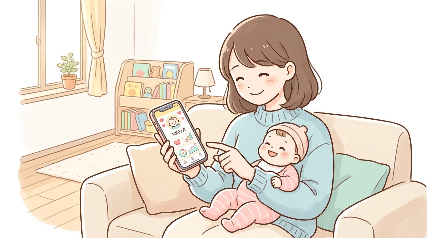赤ちゃんを抱っこしながらスマートフォンで成長記録アプリを操作する30代の母親、明るいリビングで笑顔の様子