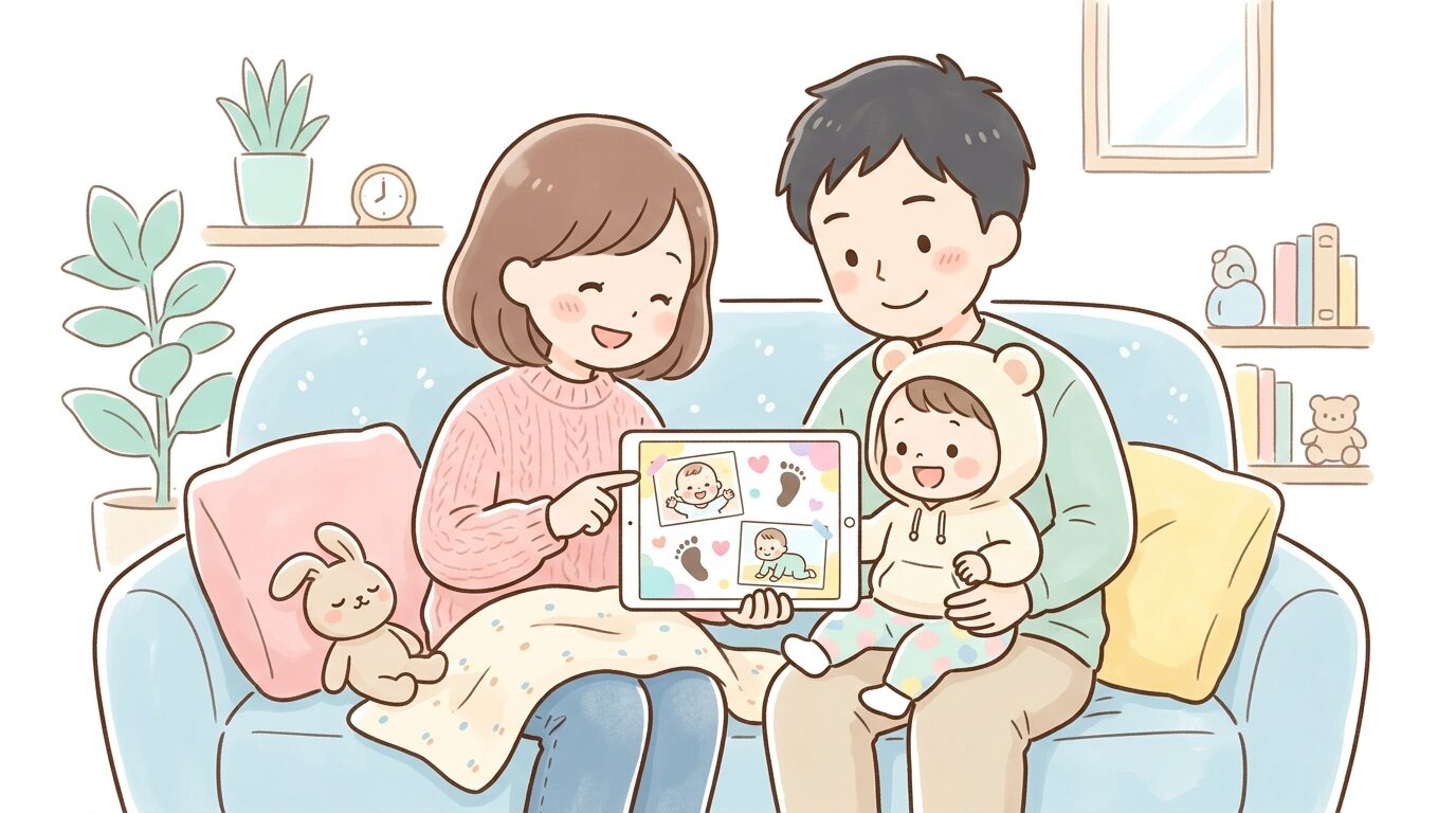 リビングのソファでタブレットを見ながら子どもの成長アルバムを家族3人で眺める温かい家族団らんの風景