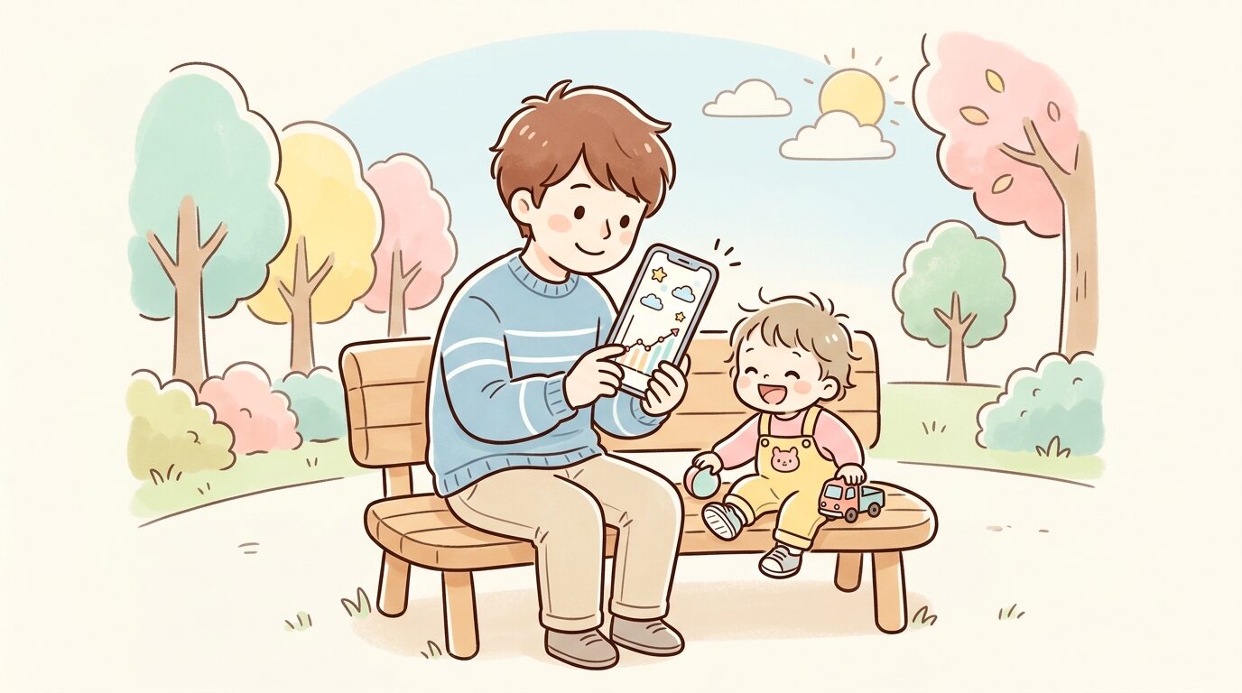 公園のベンチで成長記録アプリのグラフ画面を見ながら微笑む父親と隣で遊ぶ2歳くらいの子ども