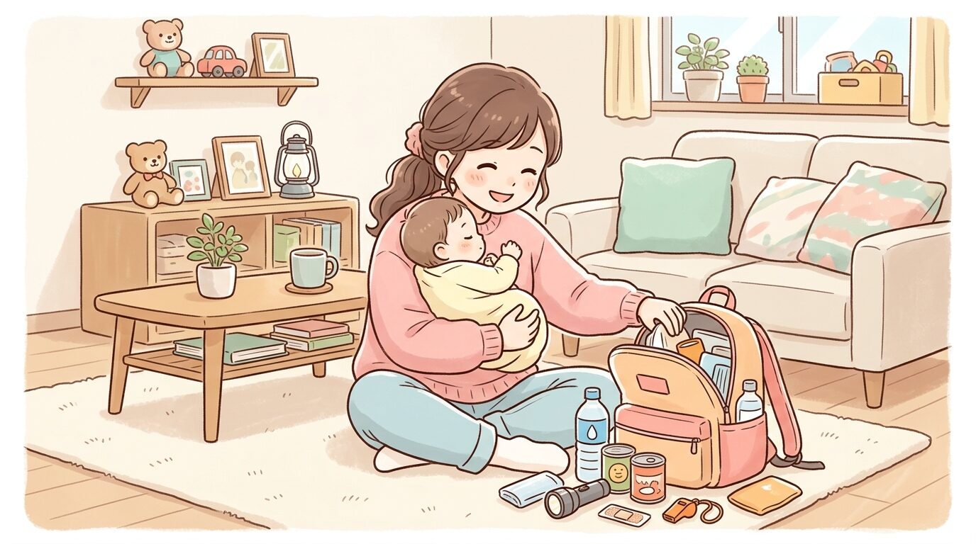 リビングで赤ちゃんを抱っこしながら防災リュックを準備する母親の温かい様子