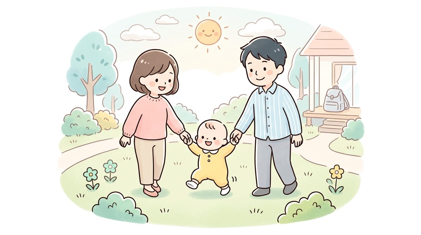 芝生の庭でよちよち歩きの幼児と手をつないで歩く練習をする両親