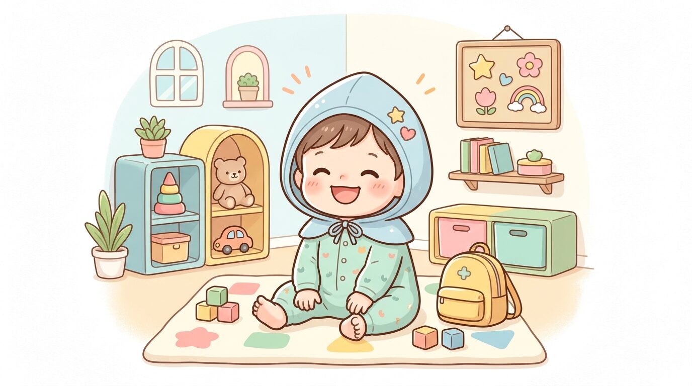 明るい保育室で小さな防災ずきんをかぶって笑顔を見せる1歳児