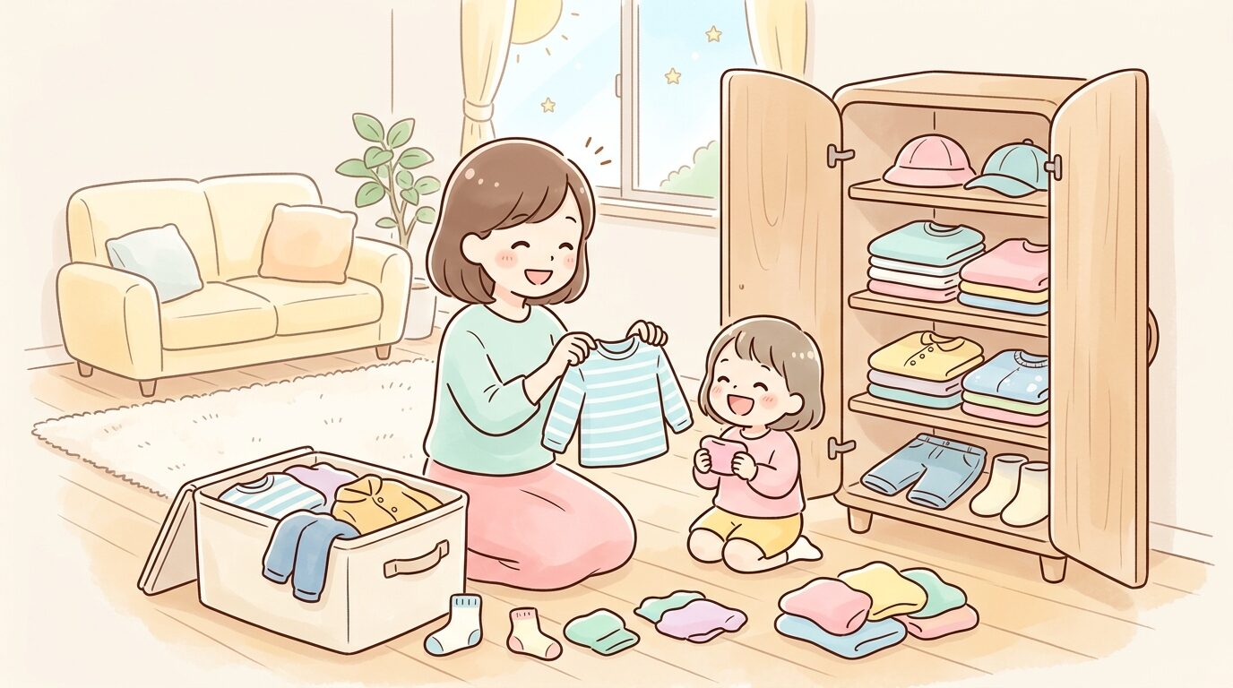 リビングで親子がクローゼットから子供服を取り出して整理している温かい雰囲気の様子