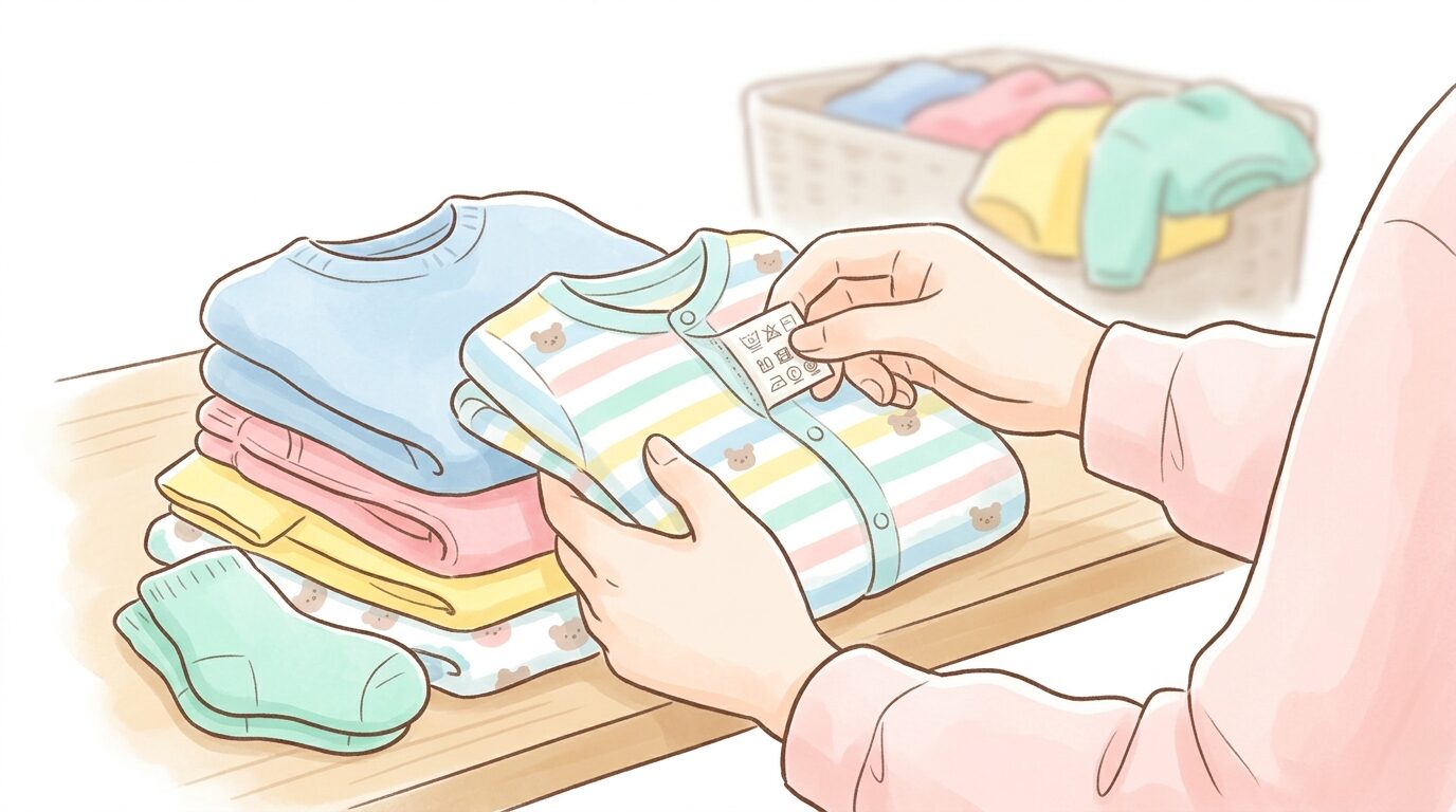 子供服のサイズタグを確認しながら畳んでいる親の手元アップ