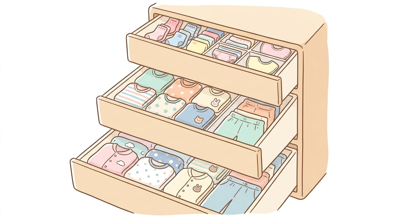 引き出しの中にサイズ別・種類別にきれいに畳まれた子供服が並んでいる収納風景