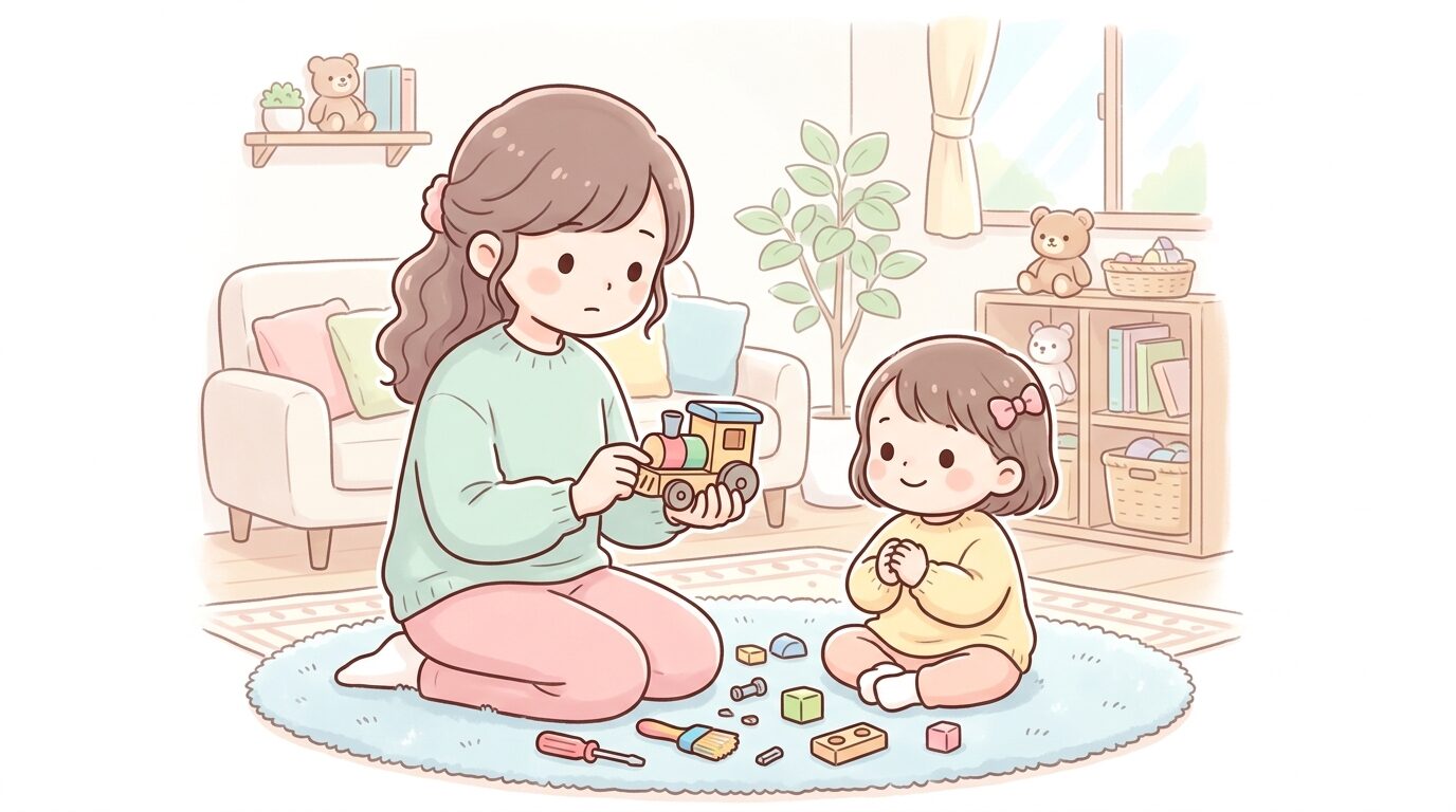 リビングで壊れたおもちゃを手に持ち、真剣な表情で安全確認をする母親と隣で見守る幼児