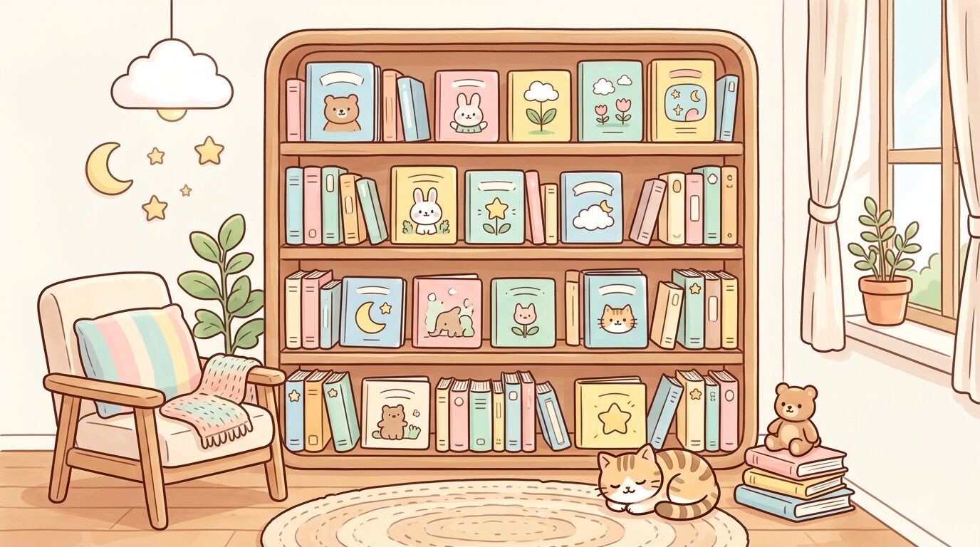 木製の本棚にたくさんの色とりどりの絵本が並んでいる、あたたかみのあるリビング