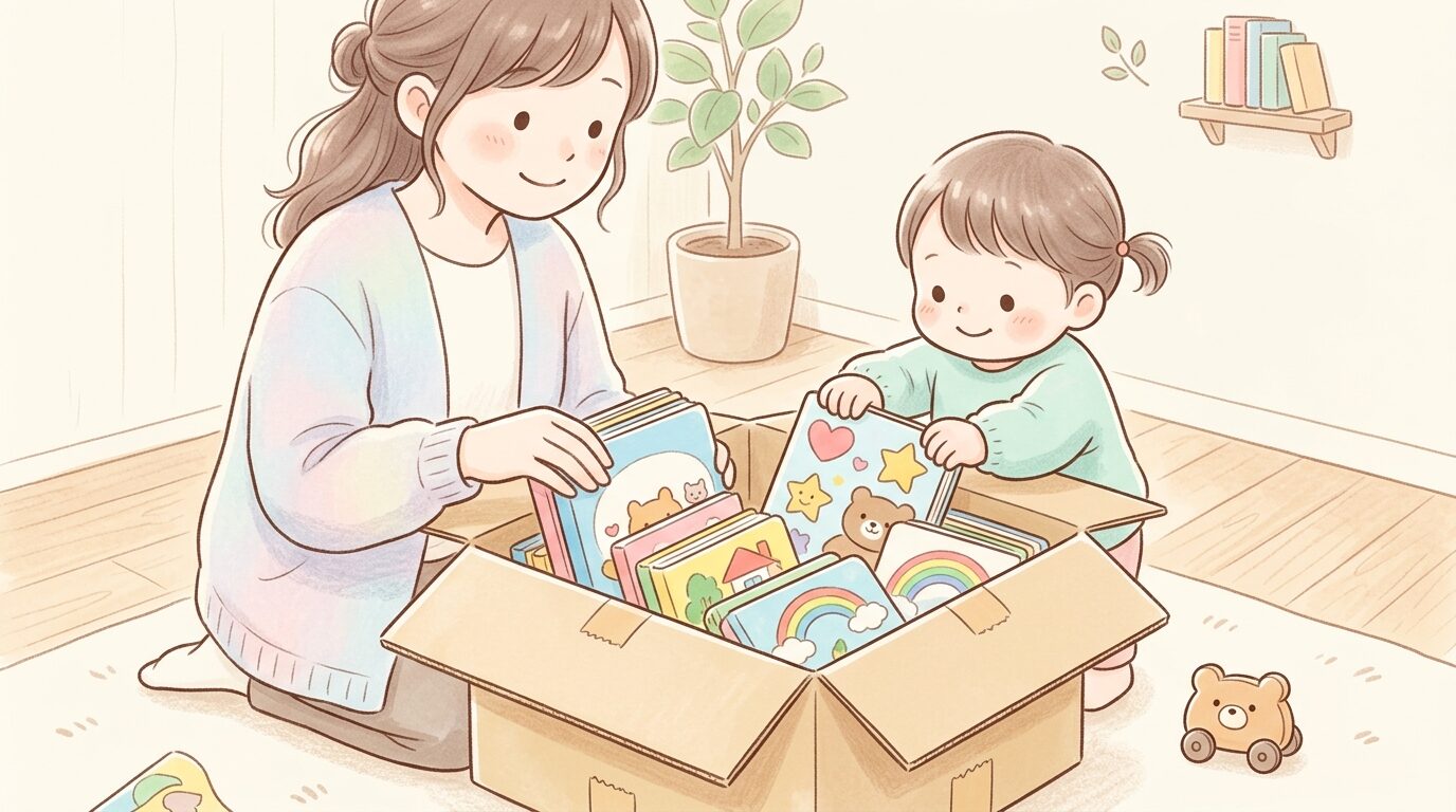 ダンボール箱に絵本を詰めて発送準備をする親子の手元