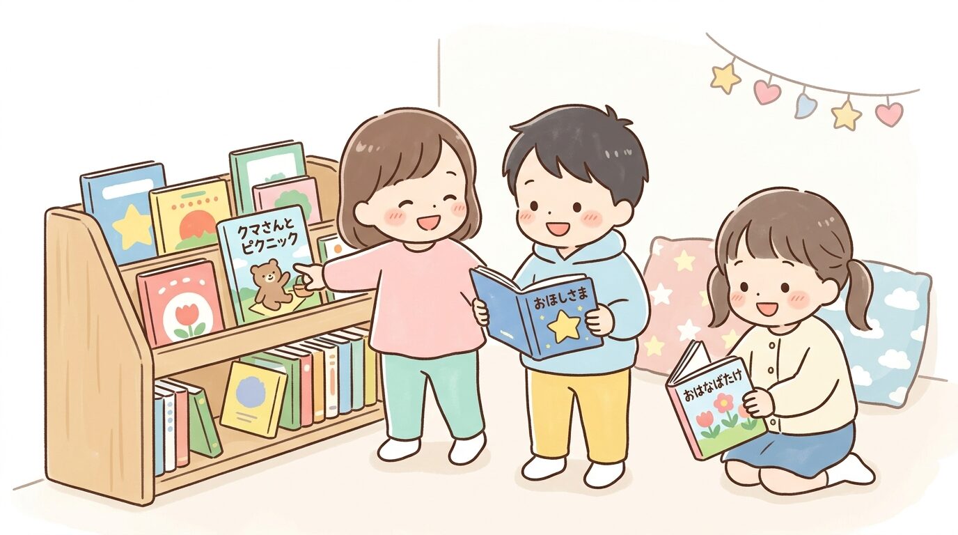 保育園の絵本コーナーで子どもたちが楽しそうに絵本を選んでいる様子
