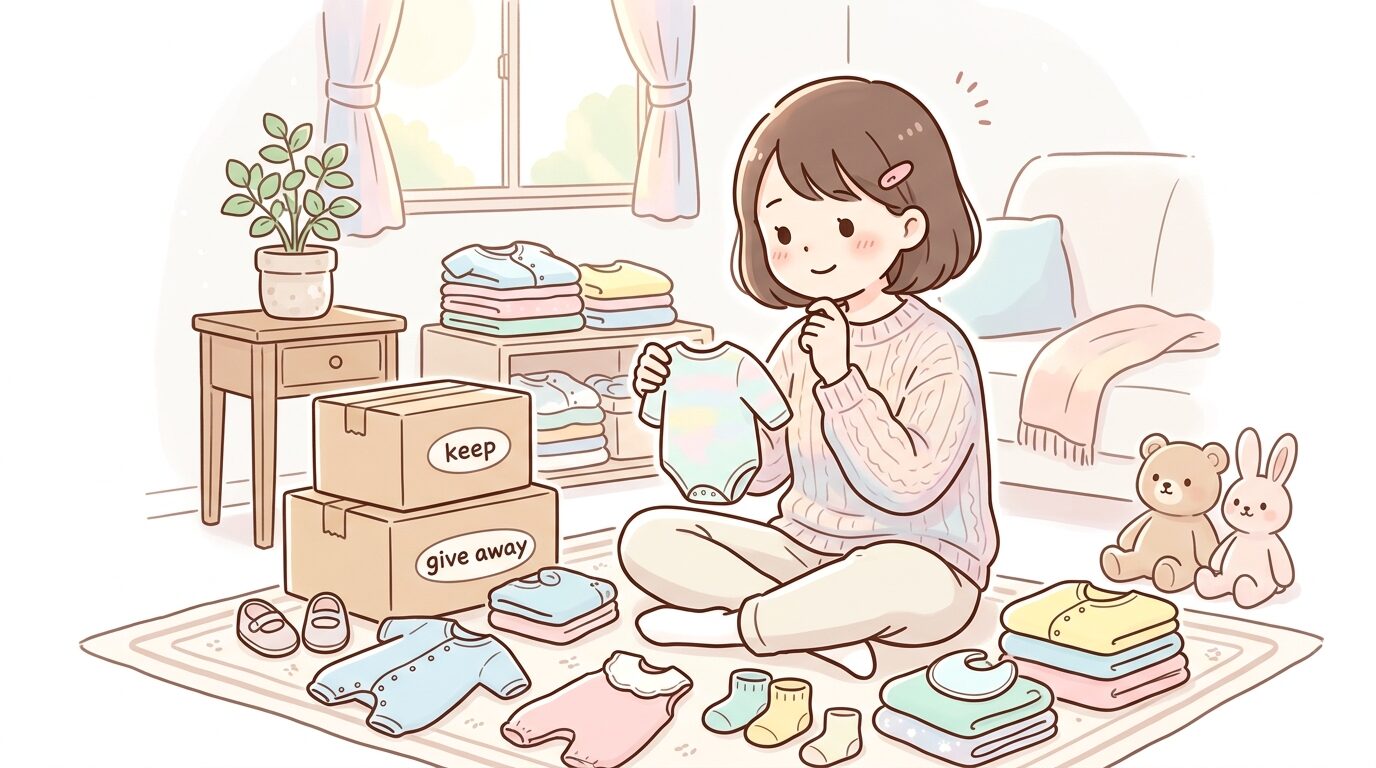 リビングでベビーカーやベビー服を整理しながら悩む表情の若い母親