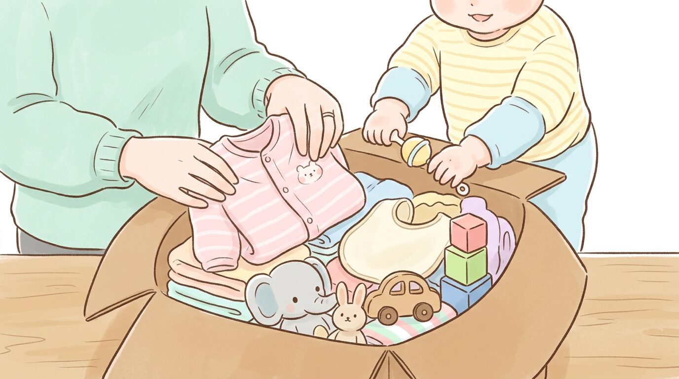 段ボール箱にベビー服やおもちゃを丁寧に詰める親子の手元