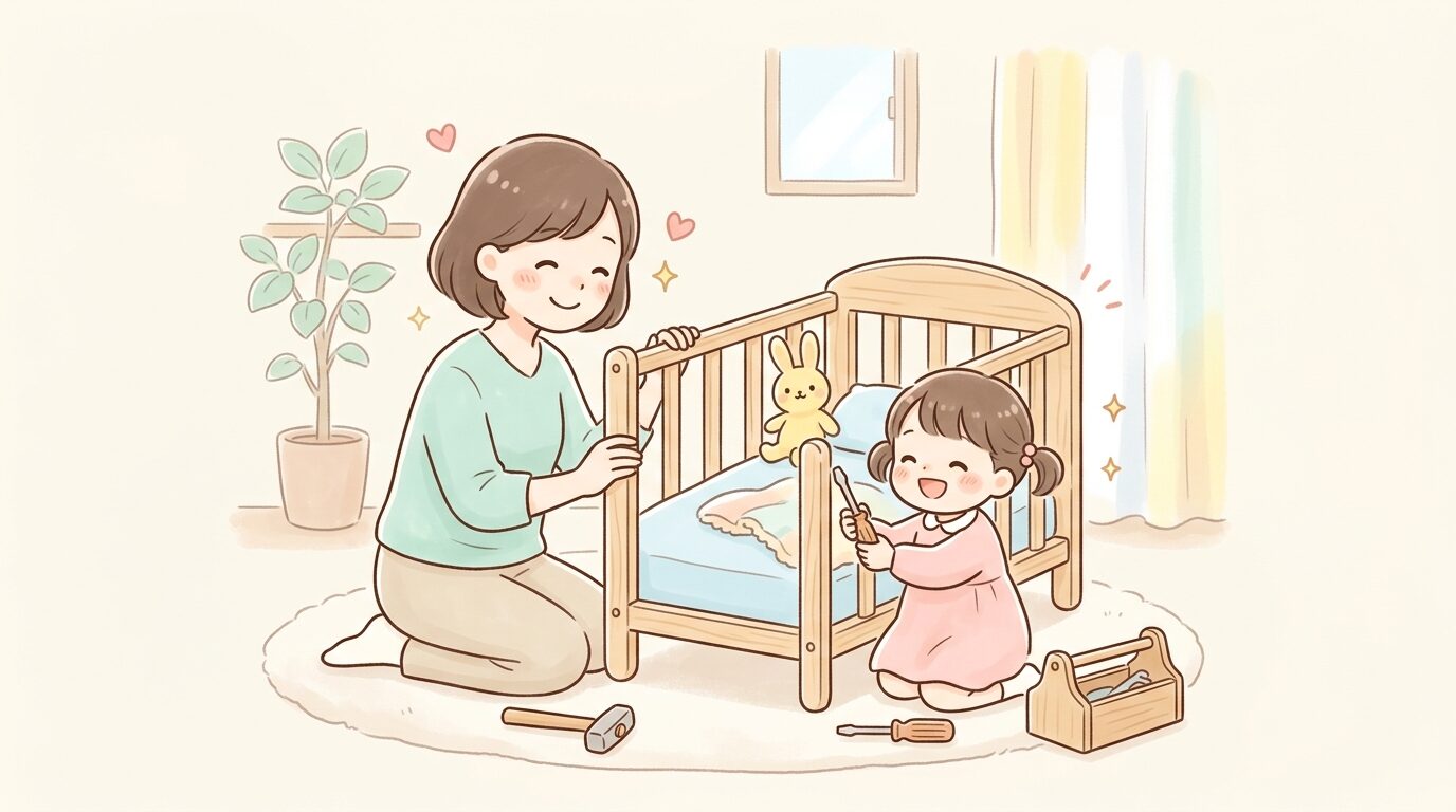 木製のベビーベッドを親子で組み立てながら笑顔を見せるシーン