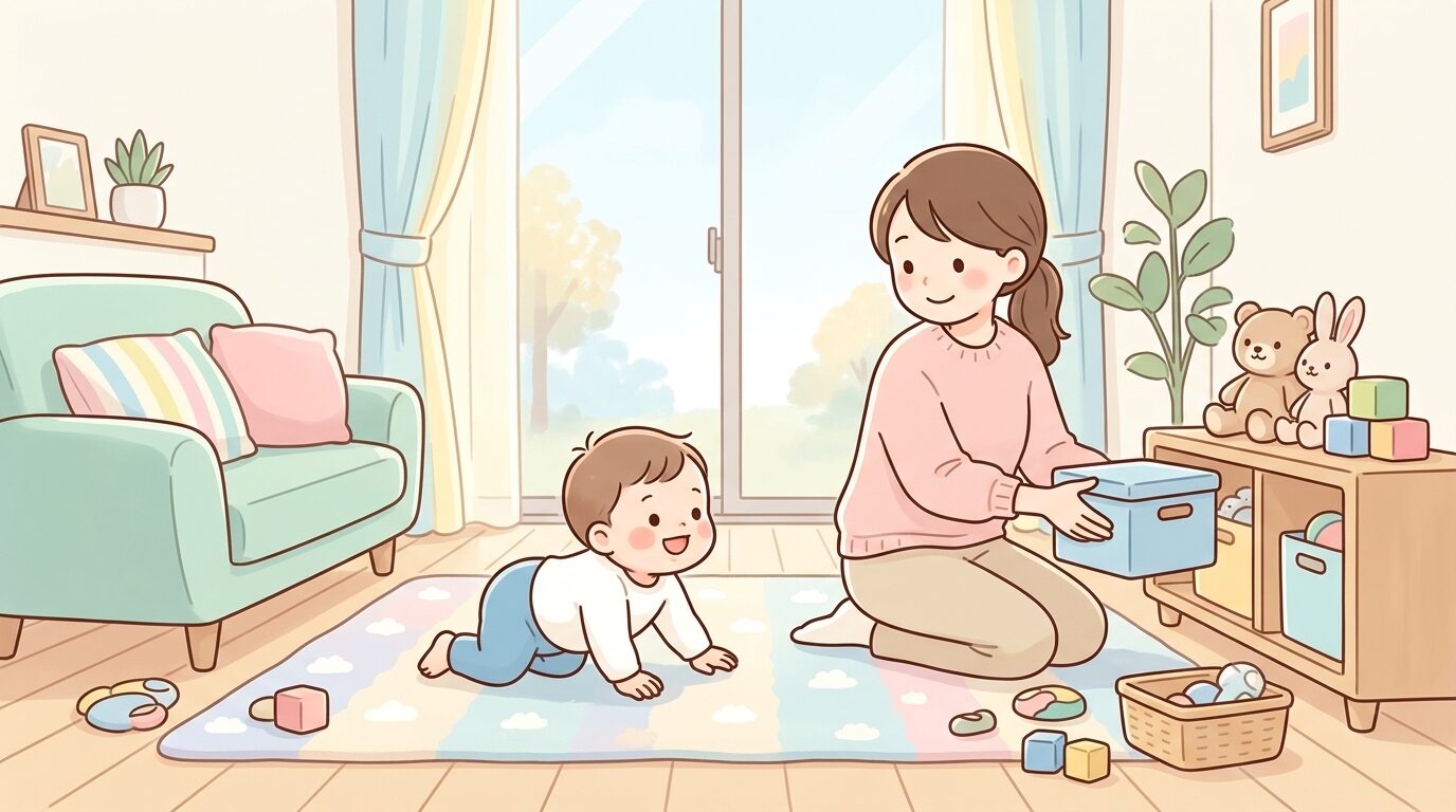 リビングの床でハイハイをする赤ちゃんと、その周りを片付ける母親の柔らかい光の差す室内
