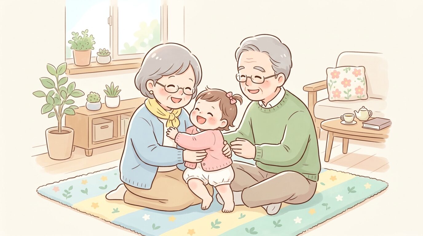 リビングのラグの上で祖父母に抱っこされて笑う1歳の赤ちゃんの温かい家族の光景