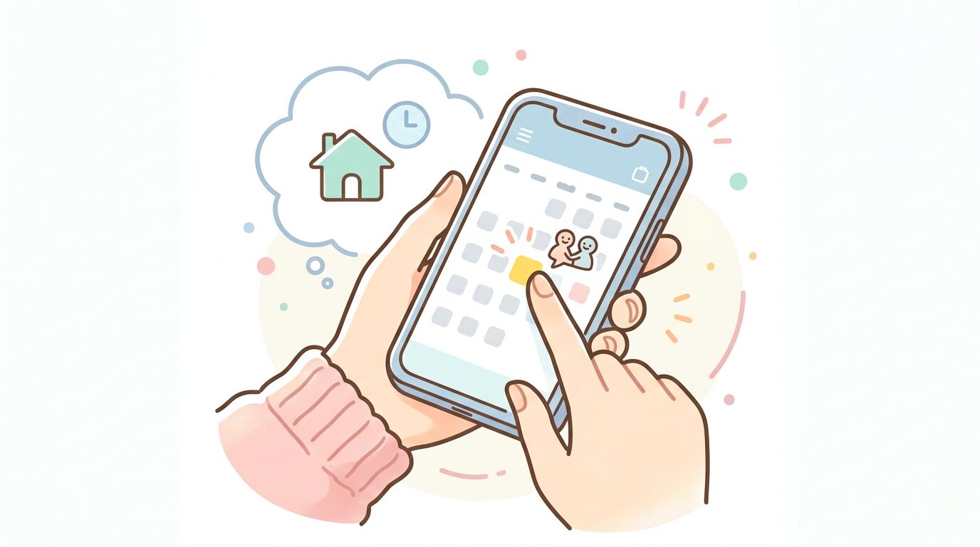 スマートフォンで来客の予定をカレンダーアプリに書き込む子育て中の母親の手元