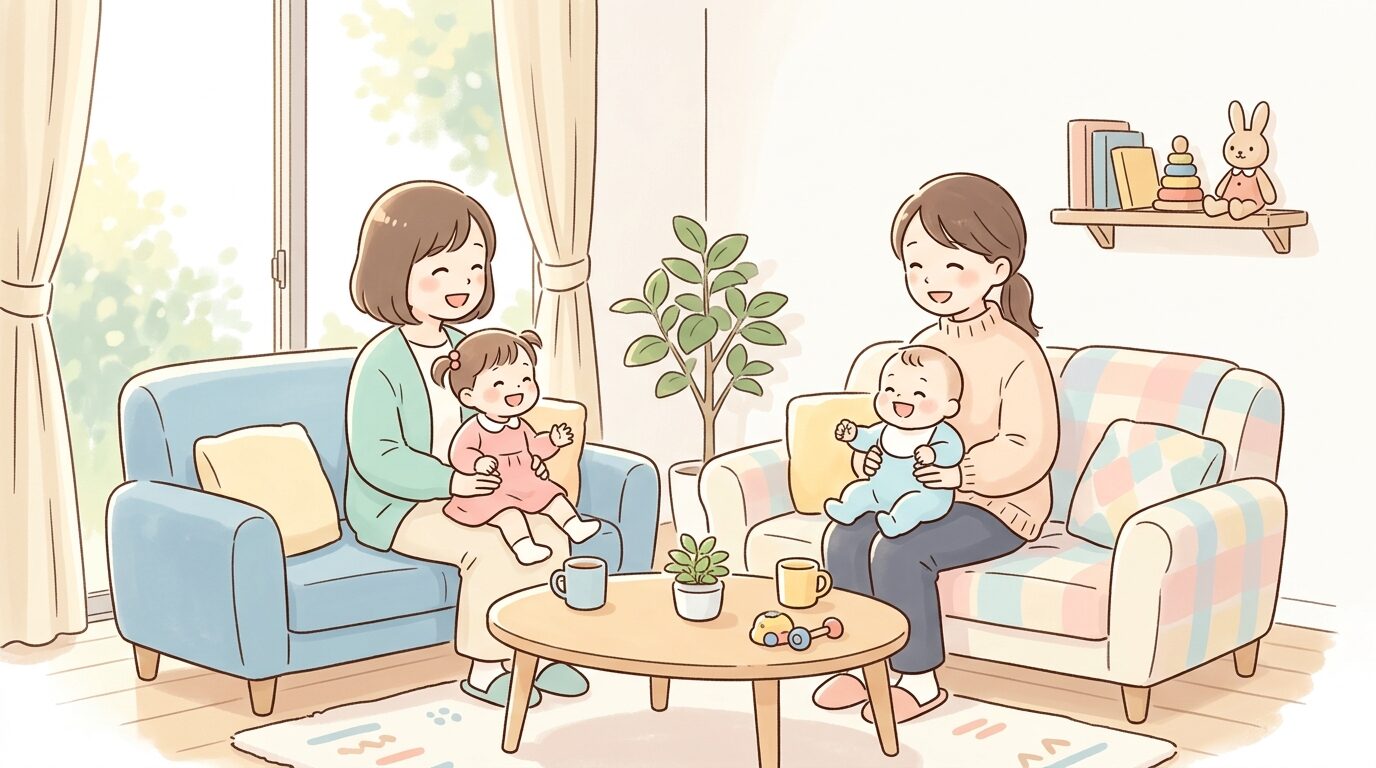 リビングで友人親子と談笑しながら赤ちゃんを膝にのせる母親、温かい午後の光が差し込む部屋