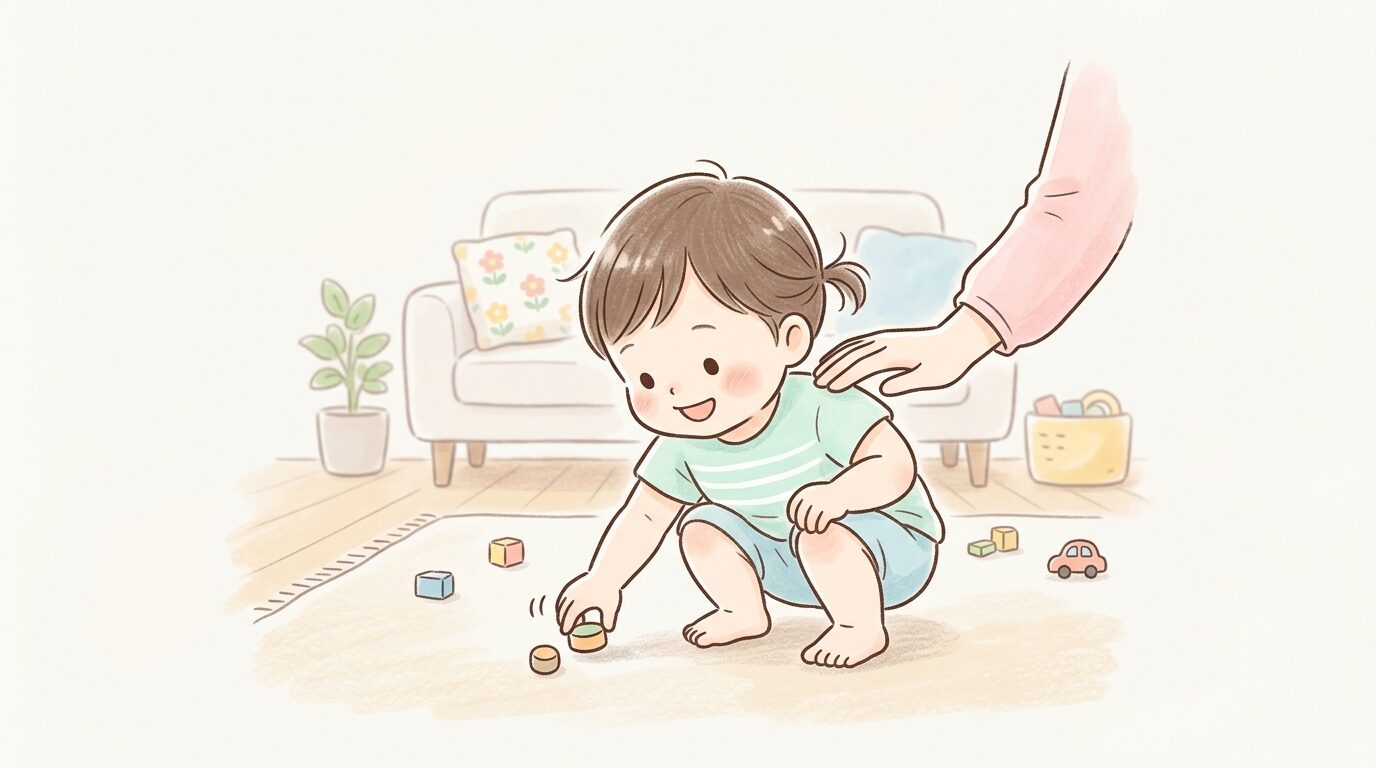 リビングの床に置かれた小さな部品を拾おうとする1歳児と、それを優しく見守る親の手
