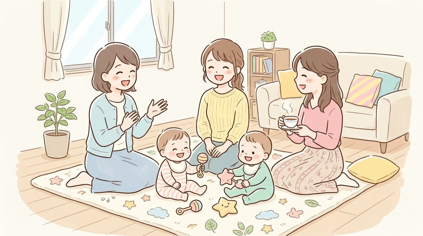 リビングでベビーマットに座る赤ちゃんを囲んで談笑する数人のママたち