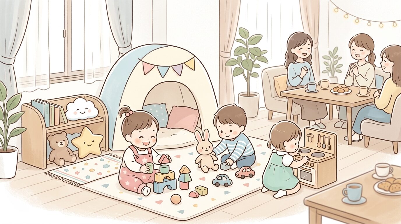 おしゃれなレンタルスペースのキッズコーナーでおもちゃに夢中になる幼児