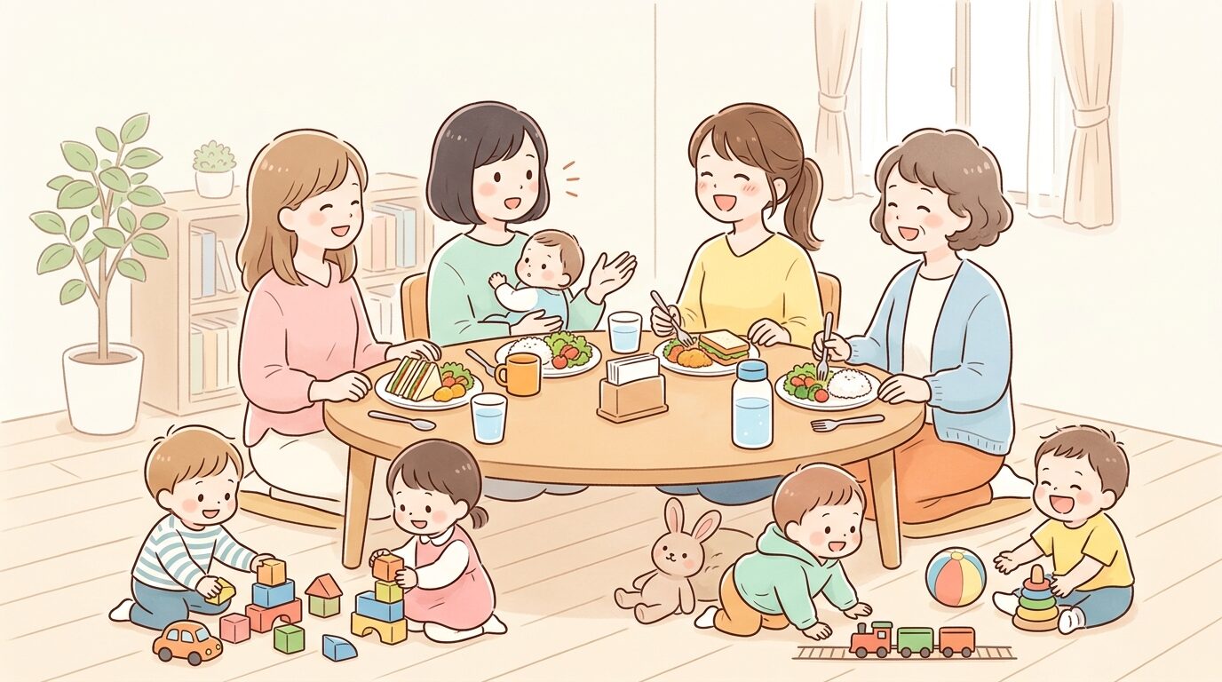 テーブルを囲んでランチを楽しみながら会話するママたちと足元で遊ぶ子どもたち