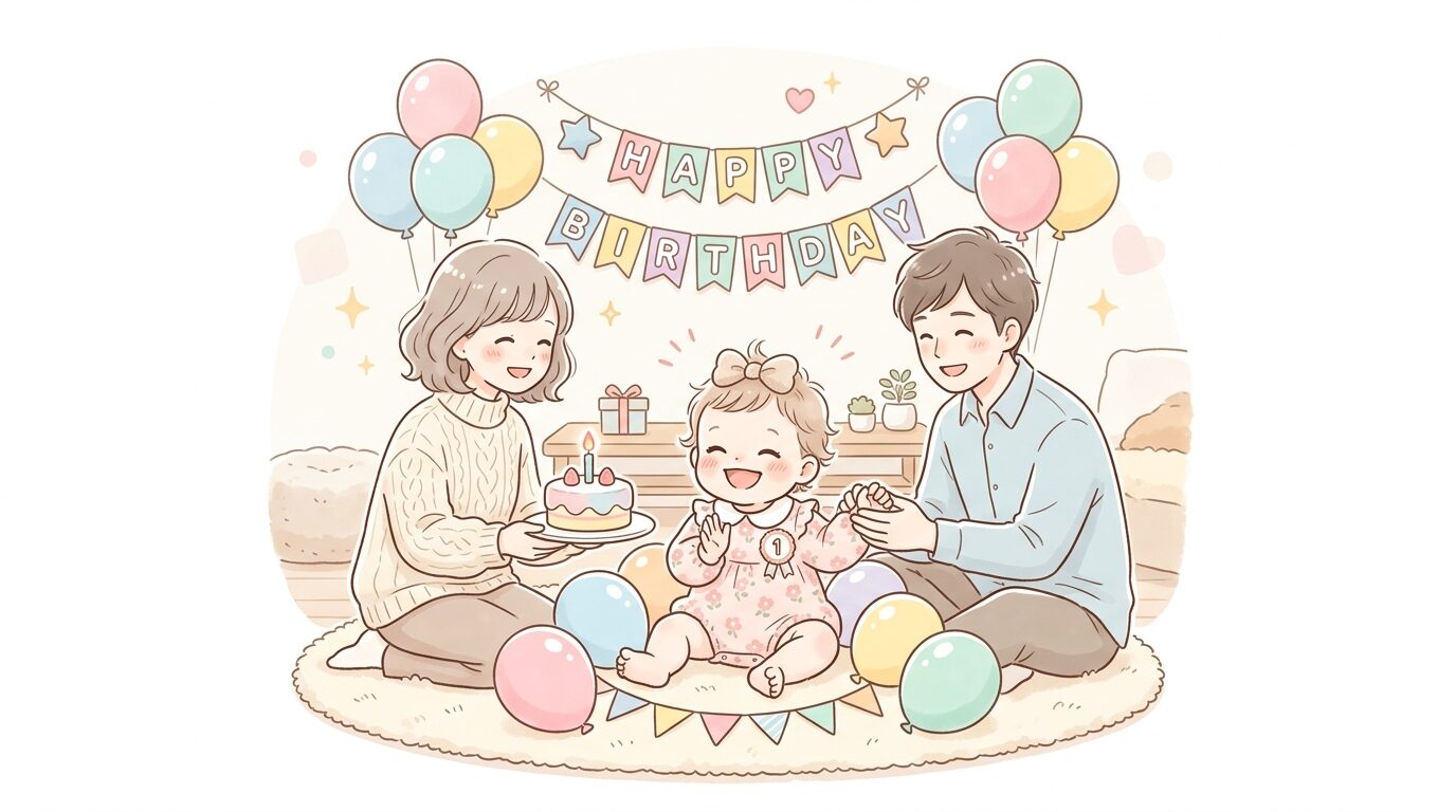 リビングで風船やガーランドに囲まれ、家族に見守られながら笑う1歳の赤ちゃん