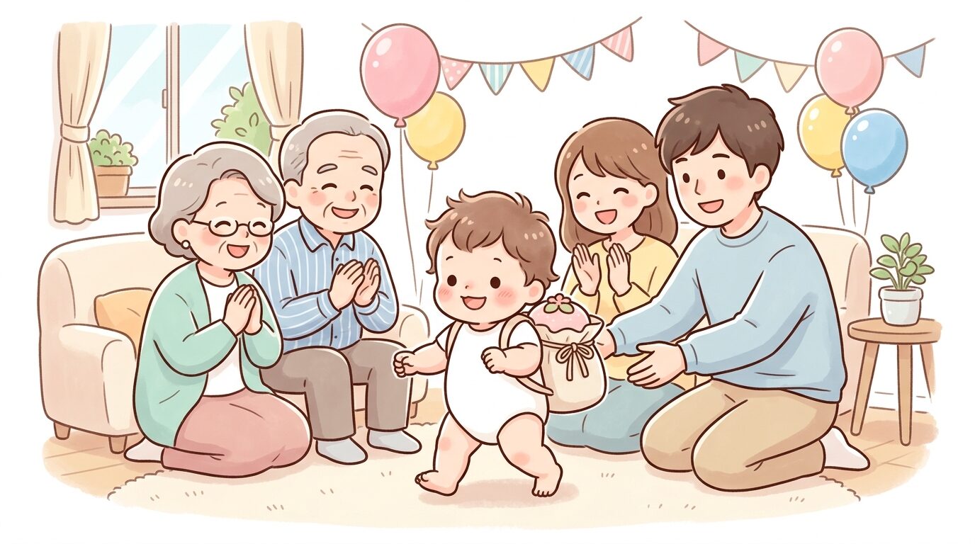 一升餅を背負って歩く1歳児と、周りで温かく見守る祖父母や両親の様子