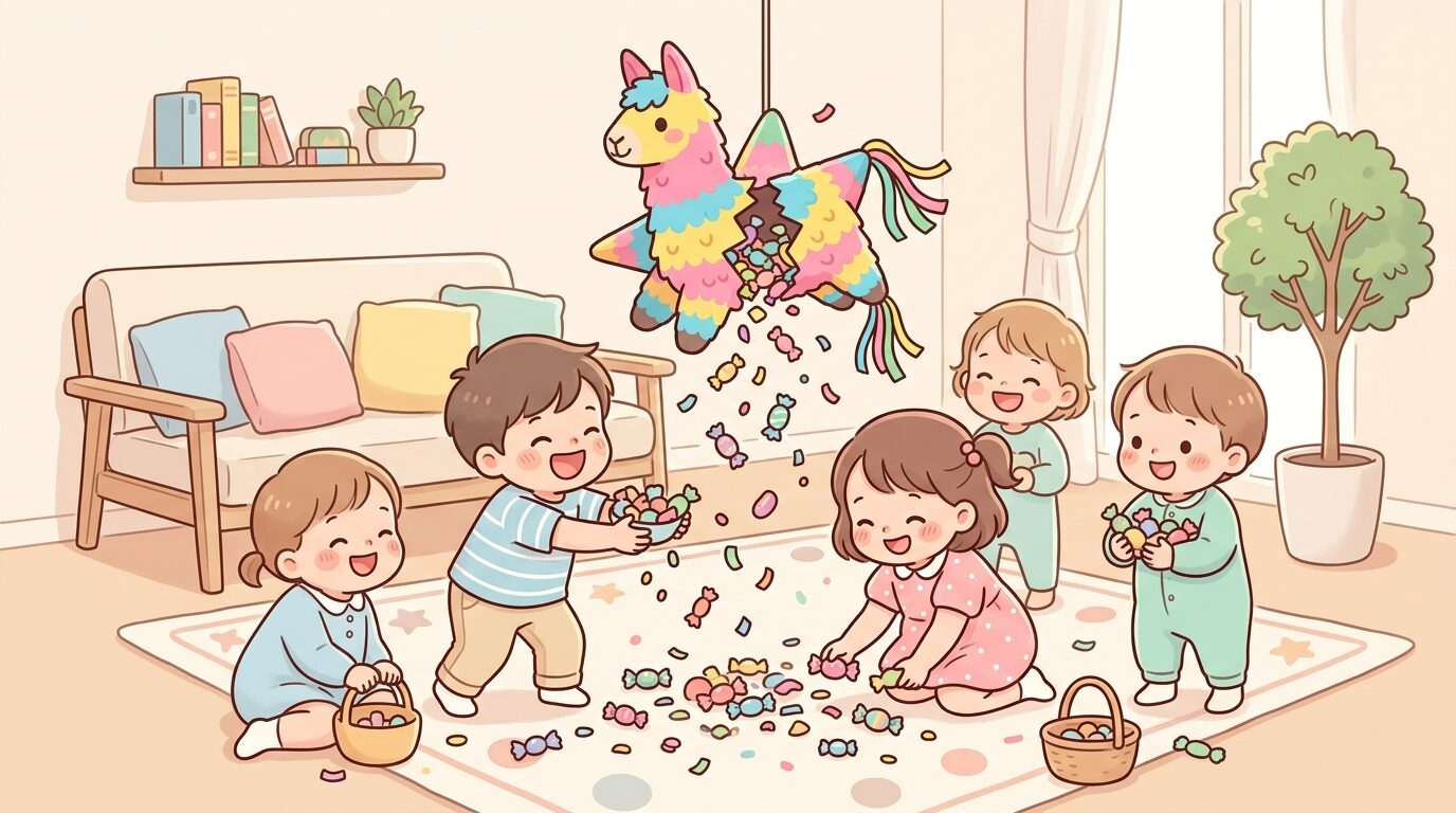 リビングでピニャータのお菓子を拾って喜ぶ2〜3歳の子どもたちのグループ