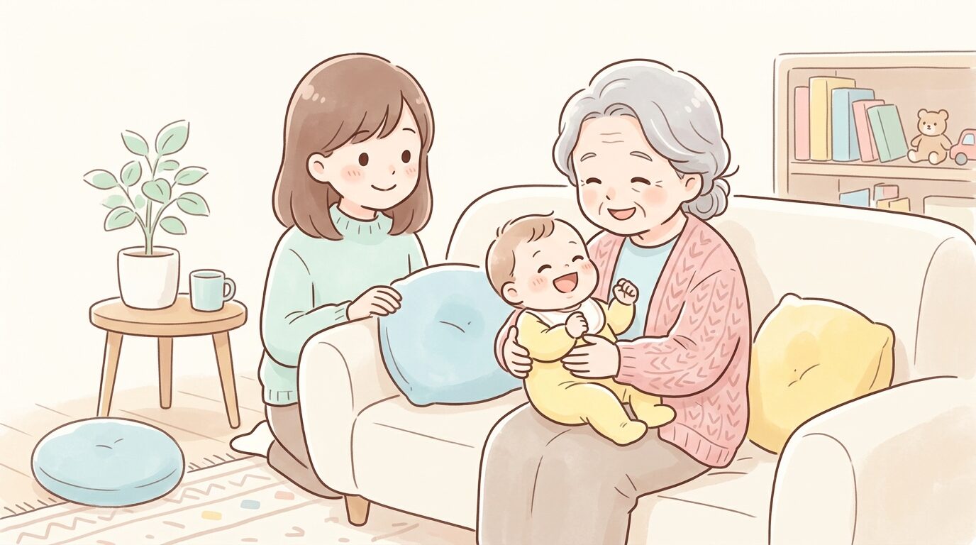 リビングで祖母に抱っこされて笑う赤ちゃんと、その様子を優しく見守る若い母親