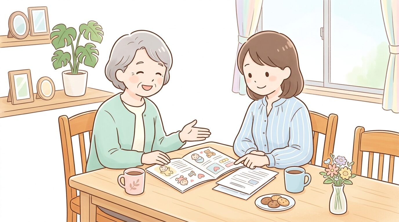 ダイニングテーブルで育児情報の資料を一緒に見ながら話し合う祖母と娘