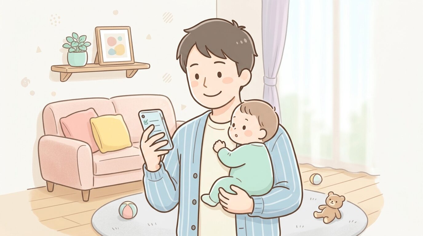 リビングで赤ちゃんを抱っこしながら笑顔でスマートフォンのメモを確認する30代パパ