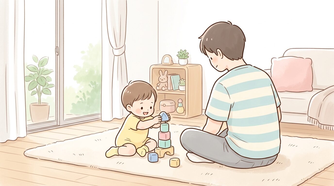 昼下がりのリビングで積み木遊びをする1歳児と見守るパパの後ろ姿