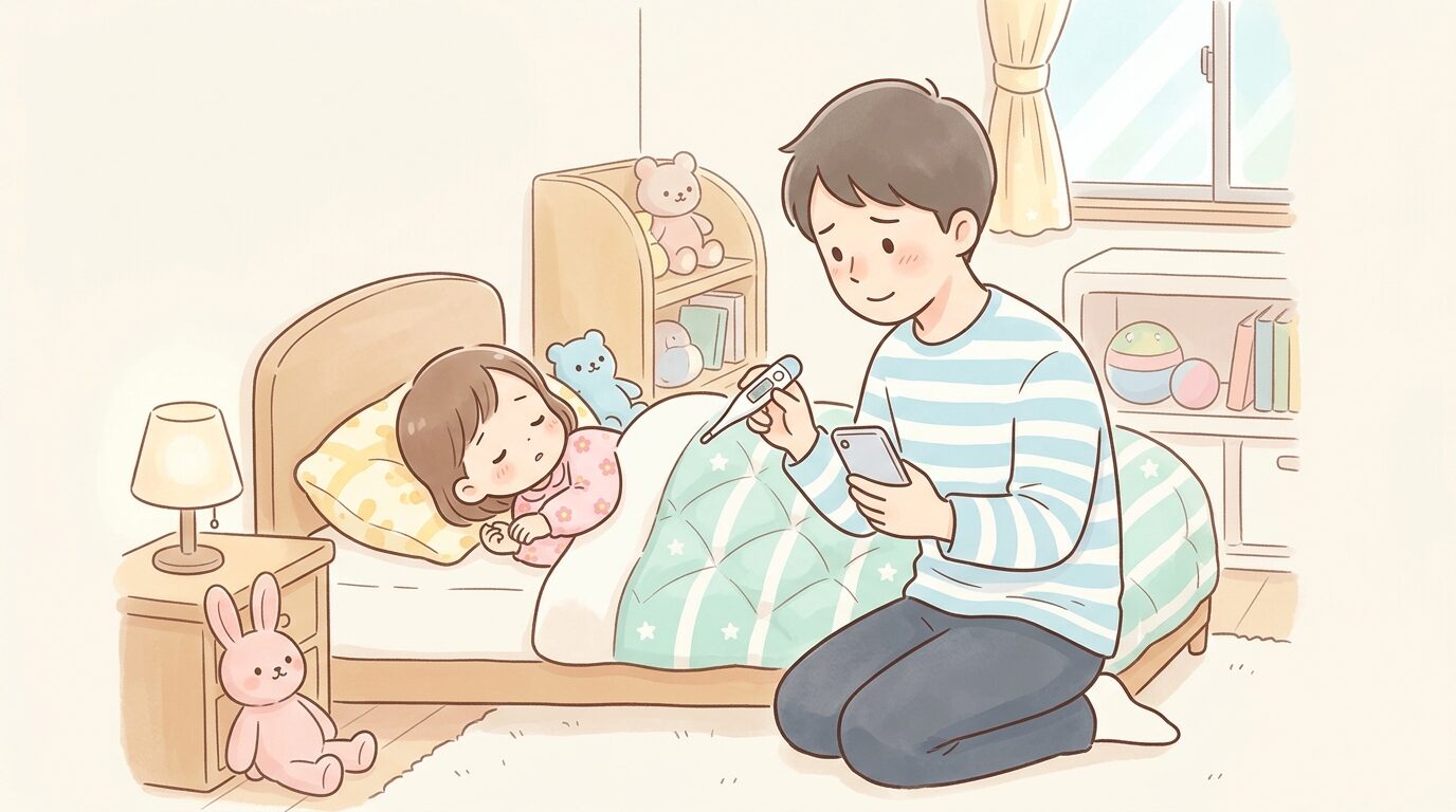 体温計とスマートフォンを手に子どもの様子を心配そうに見守るパパ