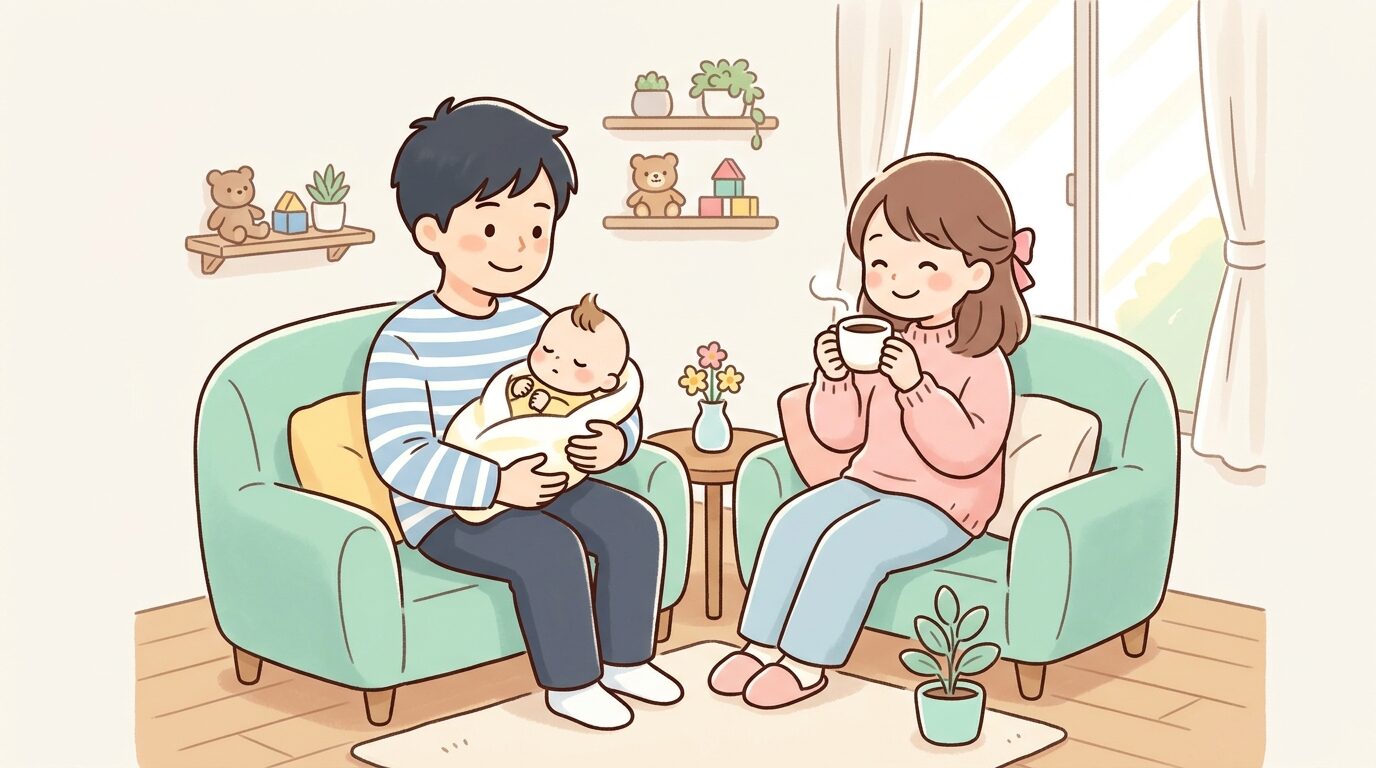 リビングで赤ちゃんを抱っこして笑顔を見せる夫と、隣でコーヒーを飲みながらくつろぐ妻