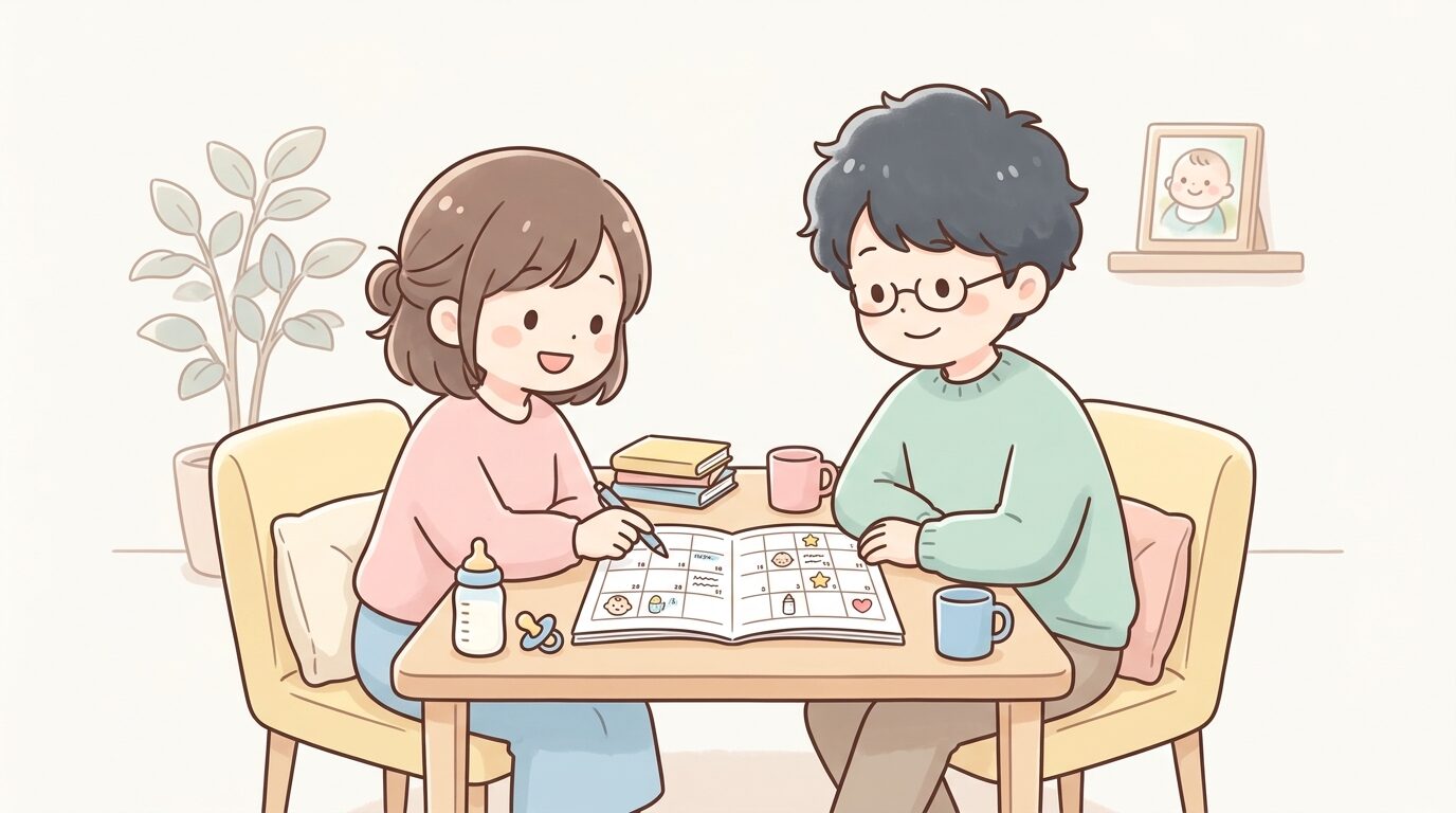 リビングのテーブルでカレンダーを見ながら夫婦が育児スケジュールを話し合う様子