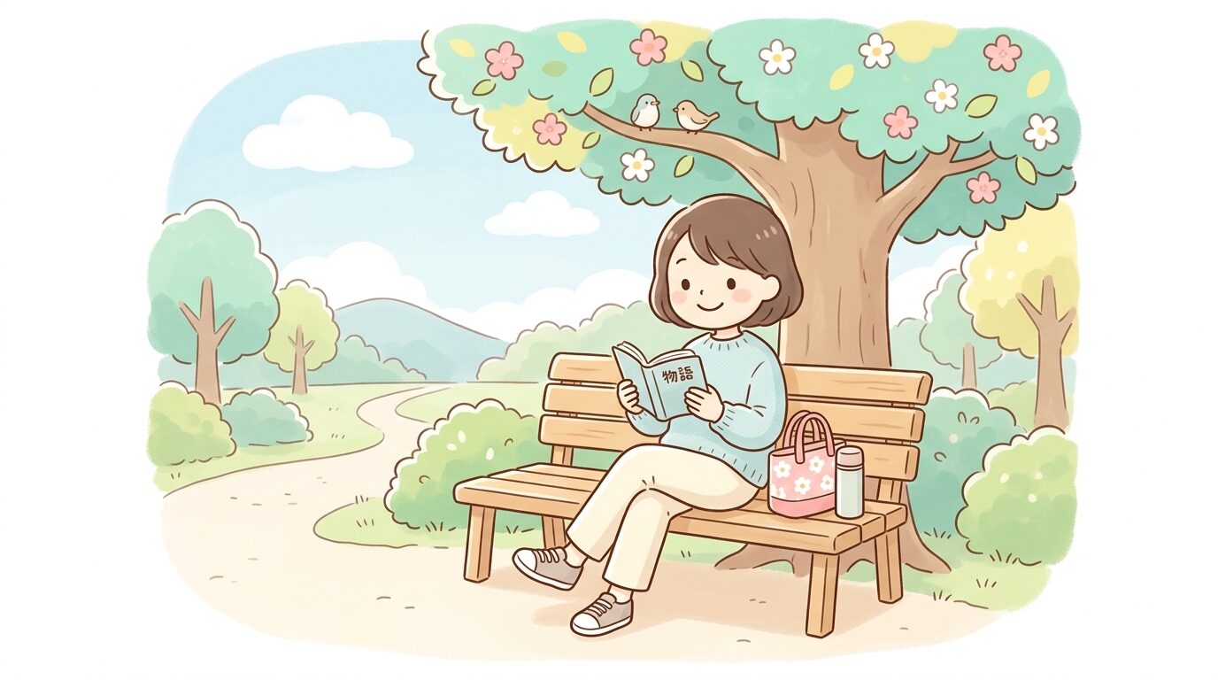 公園のベンチで一人の時間を楽しみながら読書をするリラックスした表情の親