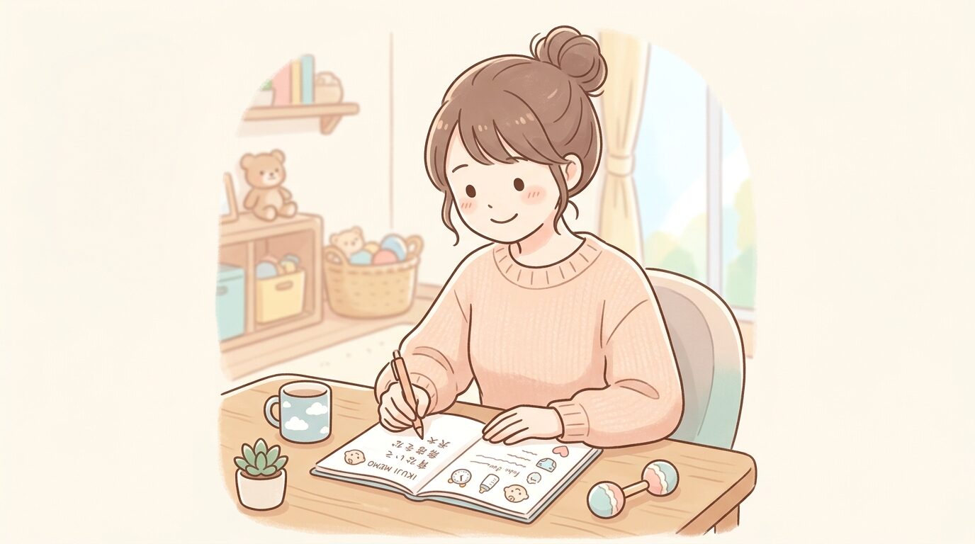 リビングのテーブルでノートに育児メモを書き込む20代後半の母親、優しい表情でペンを持つ手元