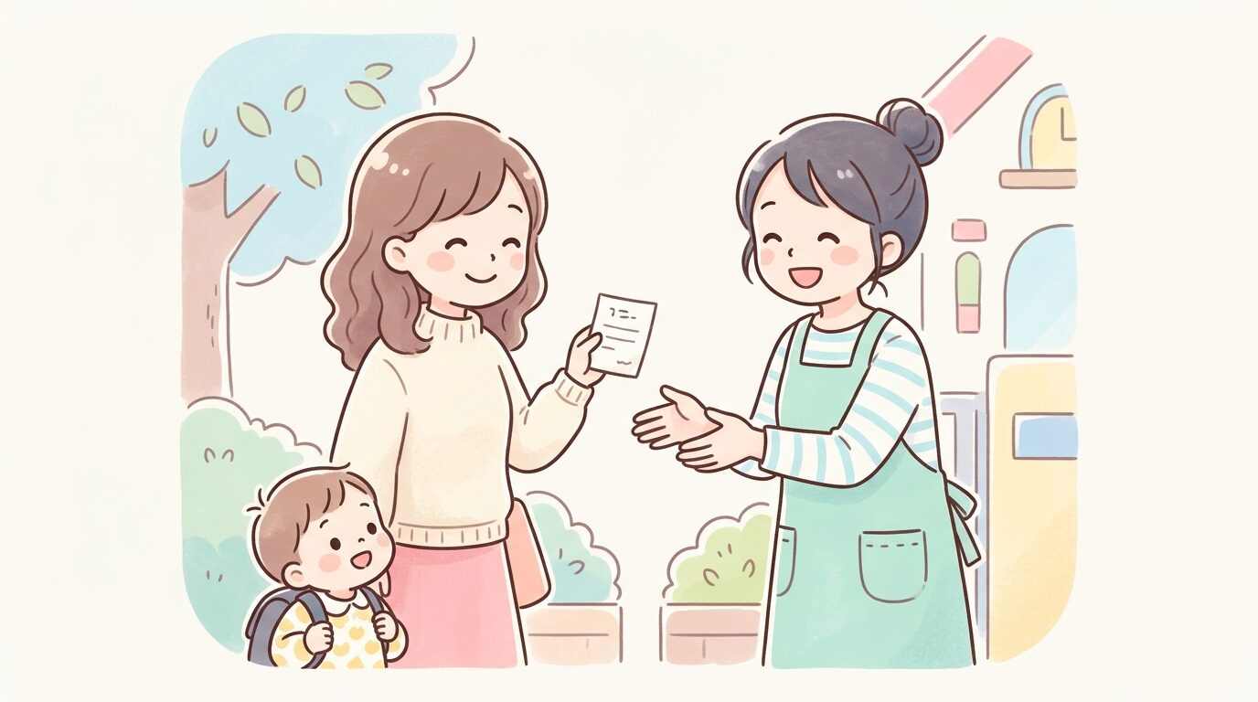 保育園の先生に子どものアレルギー情報が書かれたメモを手渡す母親、笑顔で会話する様子