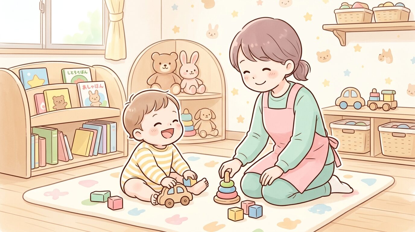 一時保育の部屋でおもちゃを使って笑顔で遊ぶ1歳児と保育スタッフ、明るく温かい雰囲気