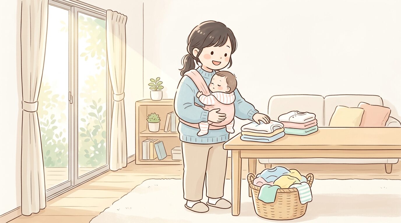 リビングで赤ちゃんを抱っこしながら洗濯物を畳む母親、朝の柔らかい光が差し込む室内