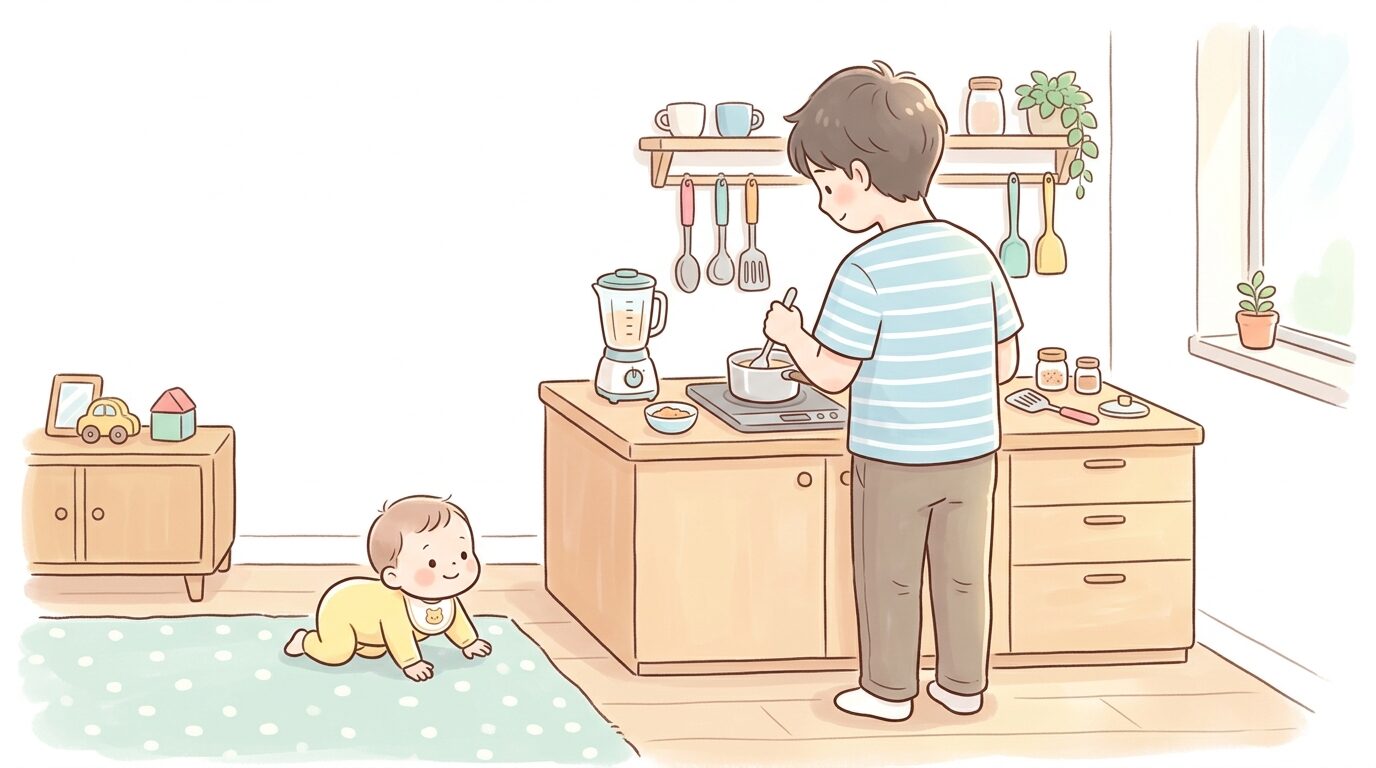 ハイハイする赤ちゃんを見守りながらキッチンで離乳食を作る父親の後ろ姿