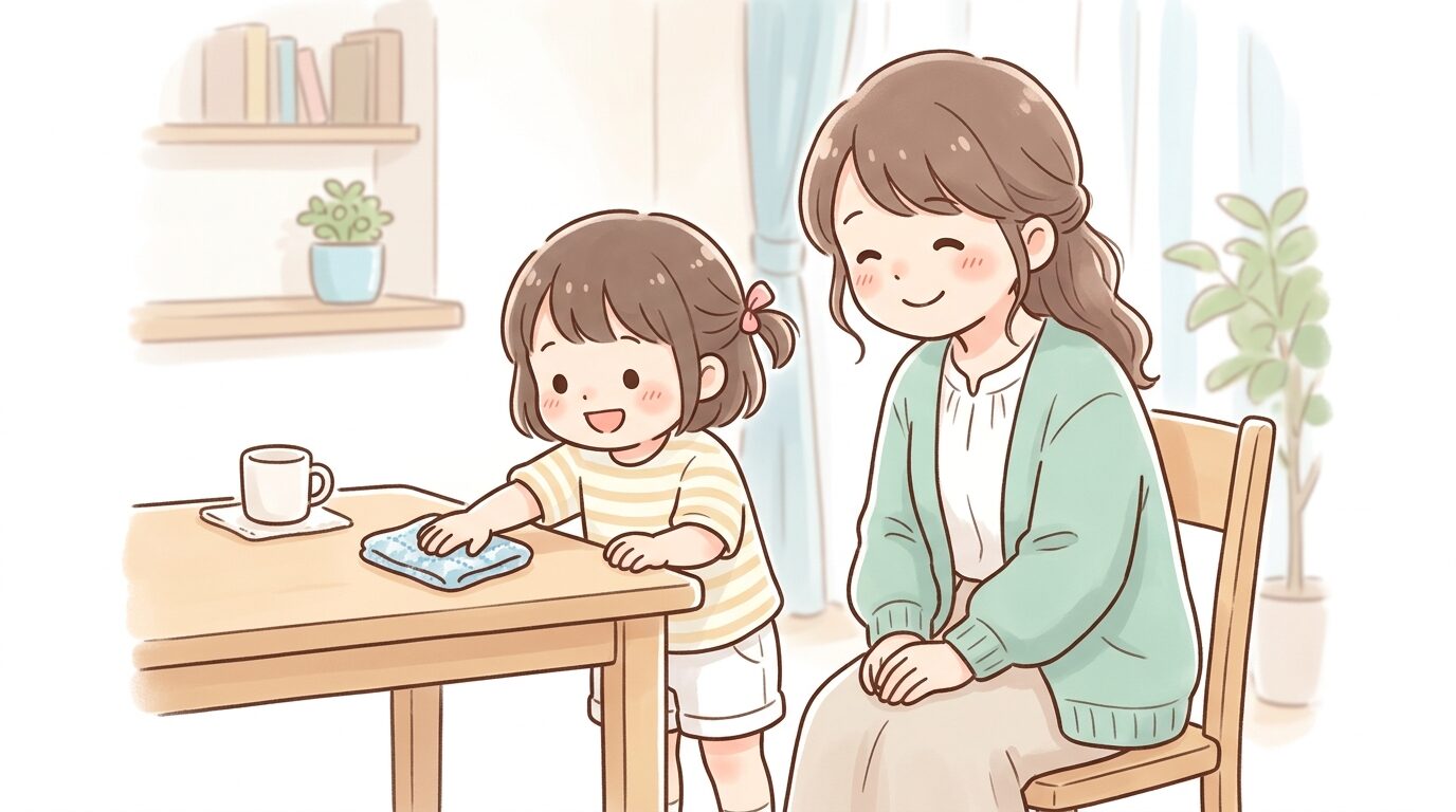 3歳ぐらいの子どもが小さな布巾でテーブルを拭くのを笑顔で見守る親