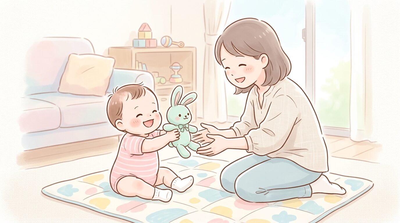 おすわりした赤ちゃんが柔らかいぬいぐるみを両手で母親に差し出している温かい家庭の一場面