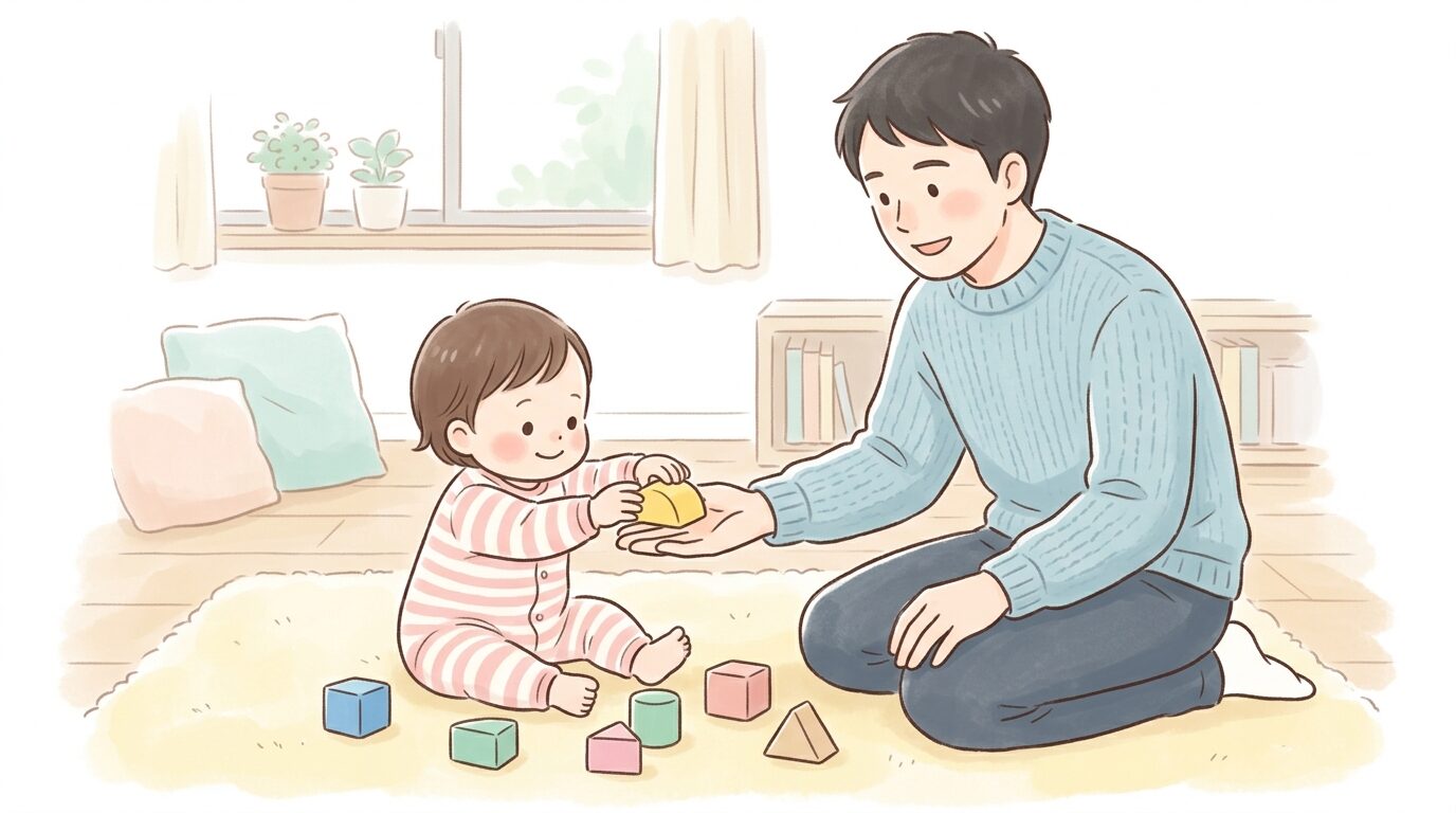 1歳前後の赤ちゃんが積み木を父親の手にそっと乗せようとしている様子