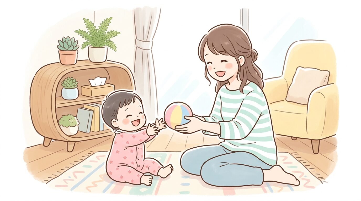 リビングでボールを使って「どうぞ」「ちょうだい」の遊びを楽しむ母親と赤ちゃんの笑顔のワンシーン