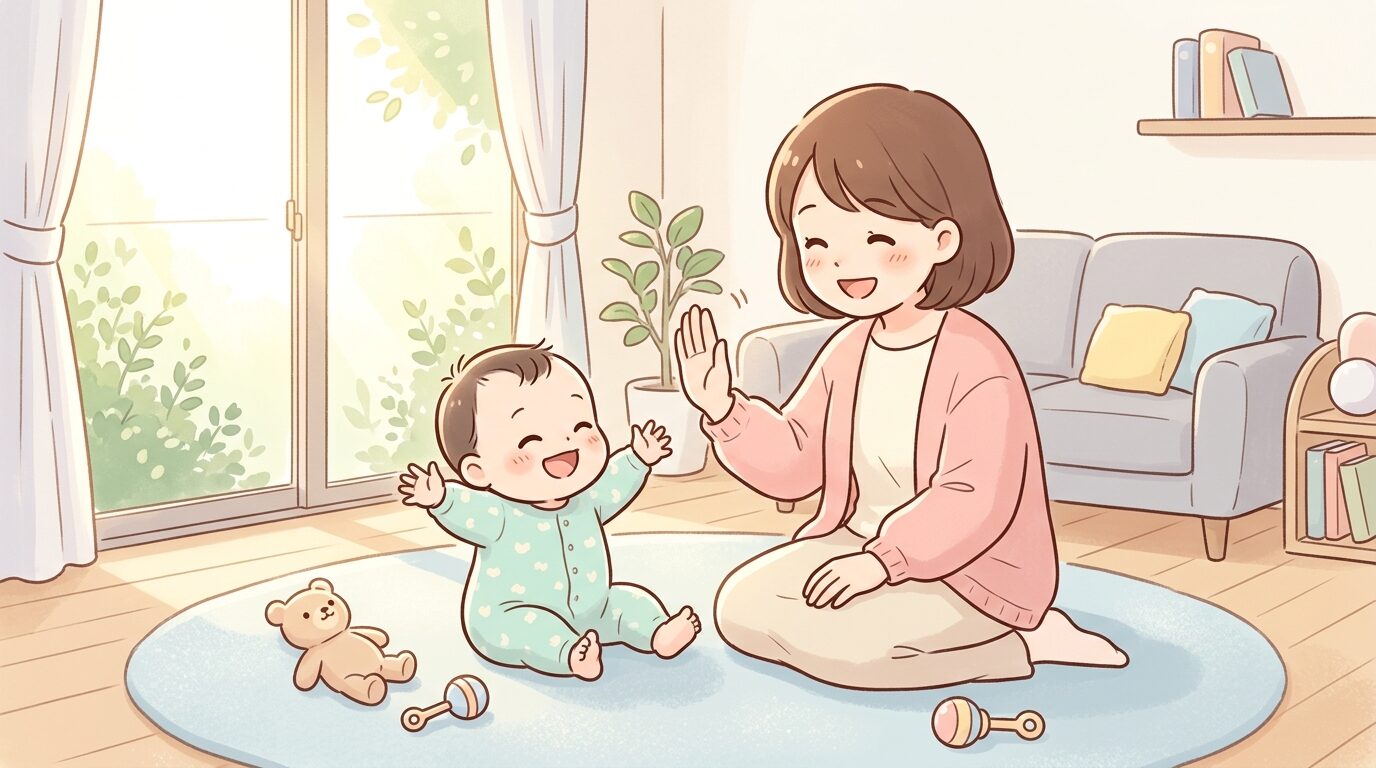 リビングで赤ちゃんとハイタッチをして笑い合う母親、温かい午後の光が差し込む部屋