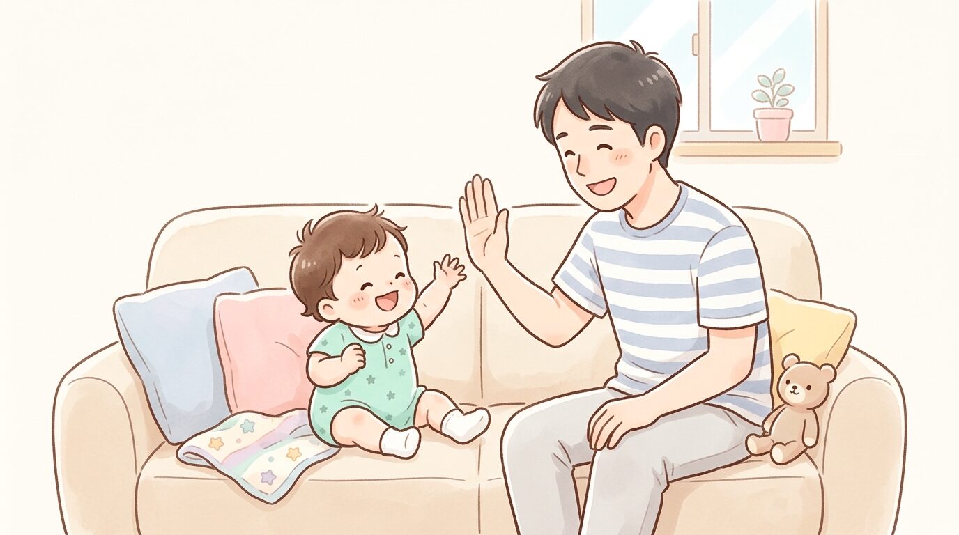 ソファの上でハイタッチの練習をする父親と赤ちゃん、笑顔で手を伸ばしている様子