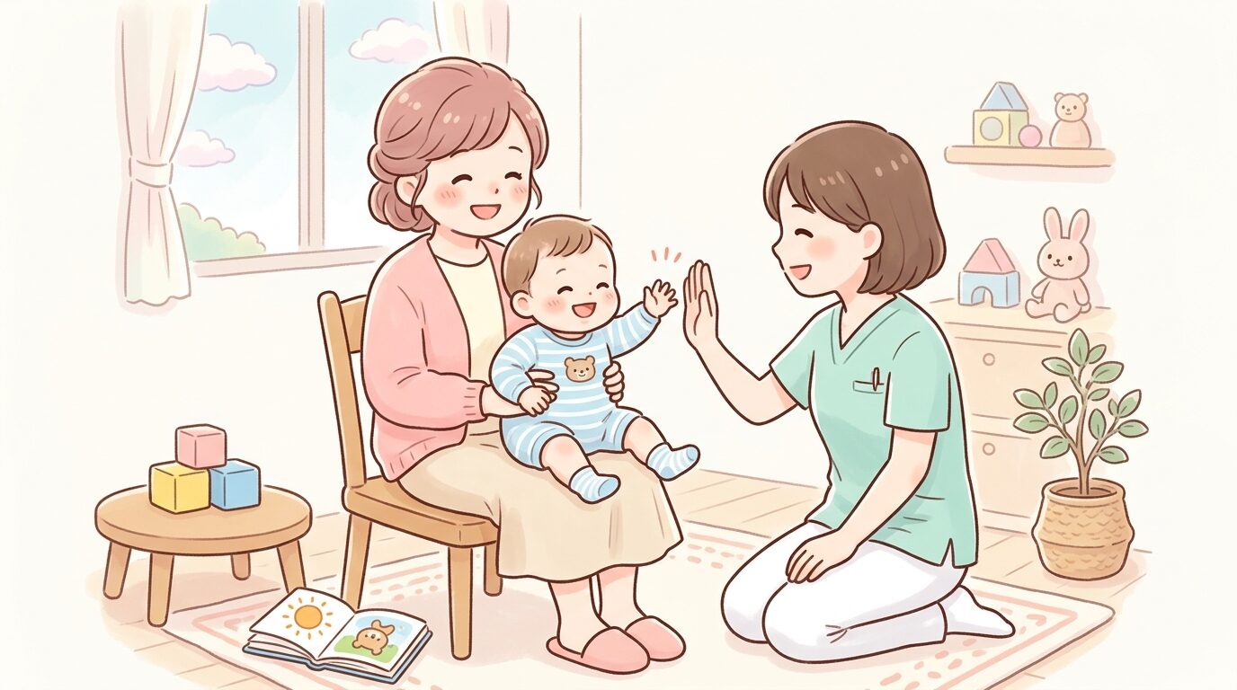 保健センターで乳幼児健診を受ける赤ちゃんと見守る保護者、穏やかな雰囲気の室内