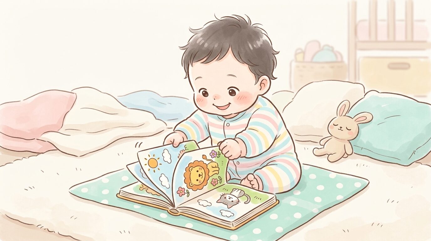 赤ちゃんが両手で絵本のページを掴み、興味深そうに見つめている様子